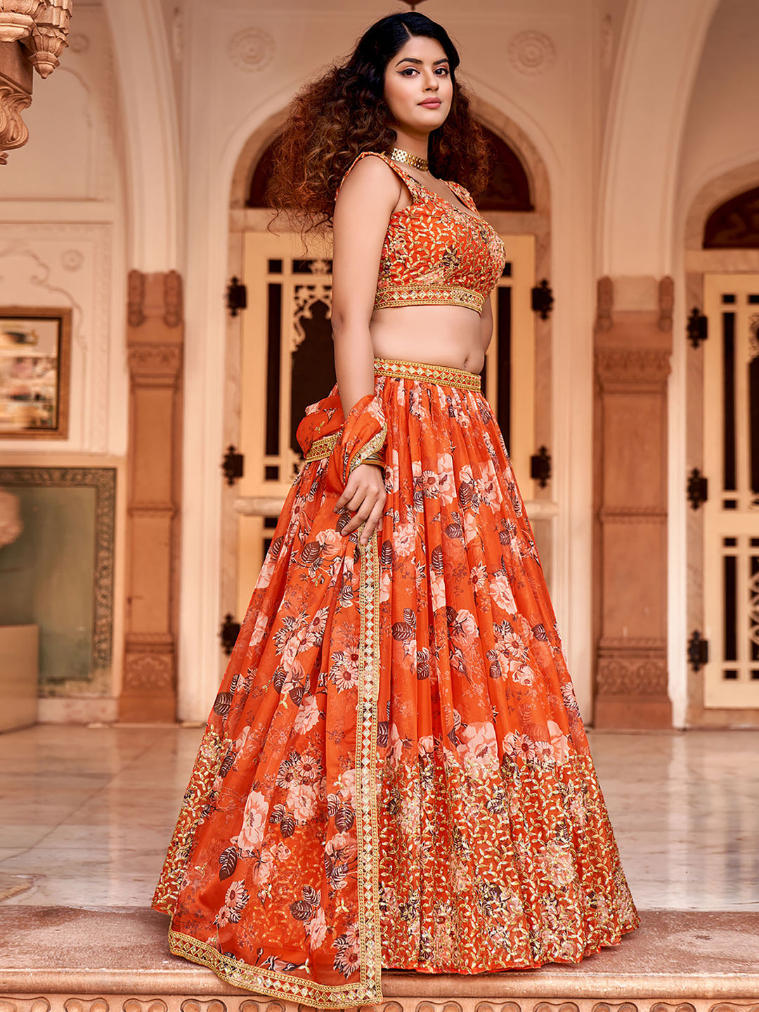 Orange Floral Printed Organza Lehenga Choli