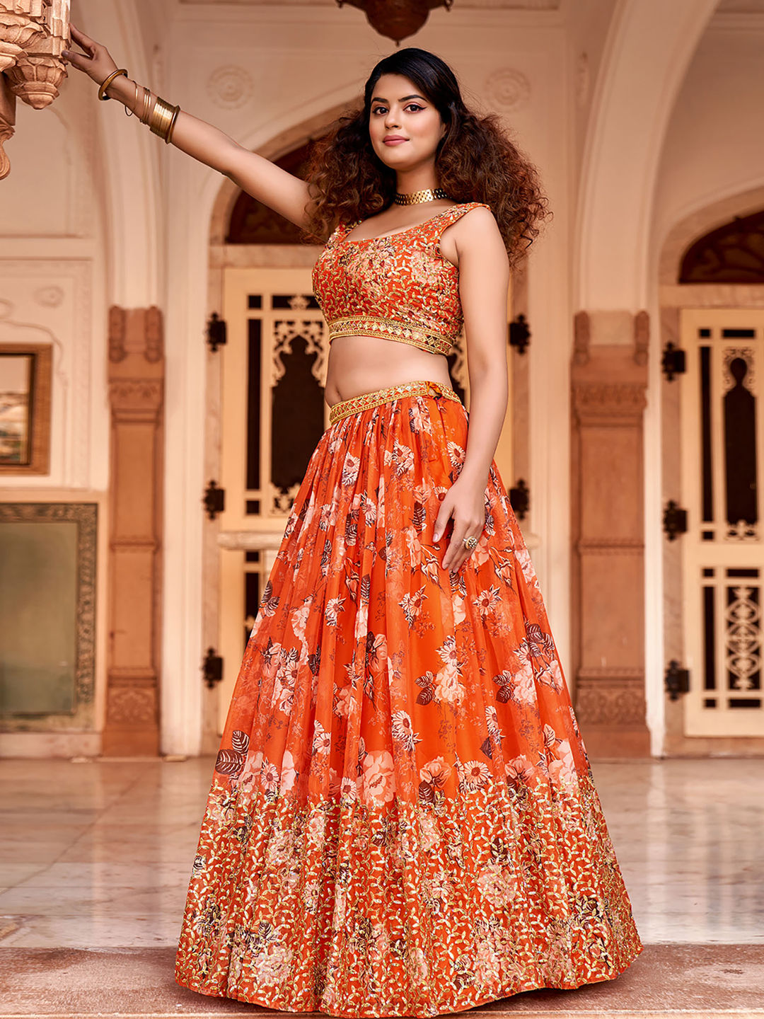 Orange Floral Printed Organza Lehenga Choli