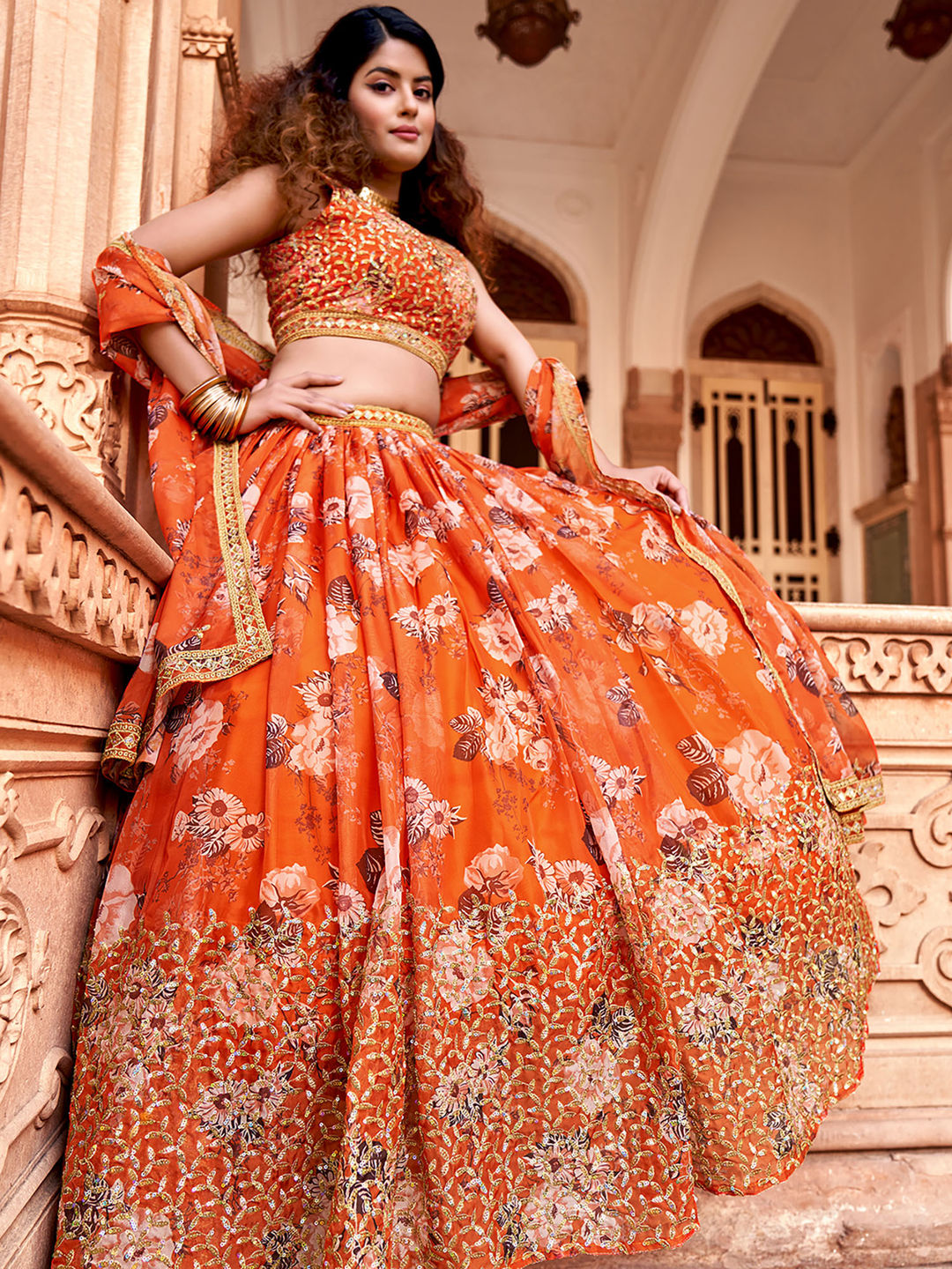 Orange Floral Printed Organza Lehenga Choli