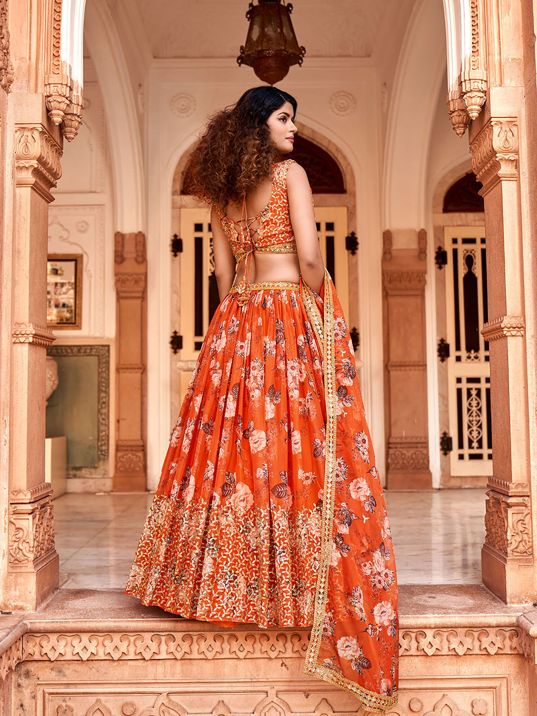 Orange Floral Printed Organza Lehenga Choli