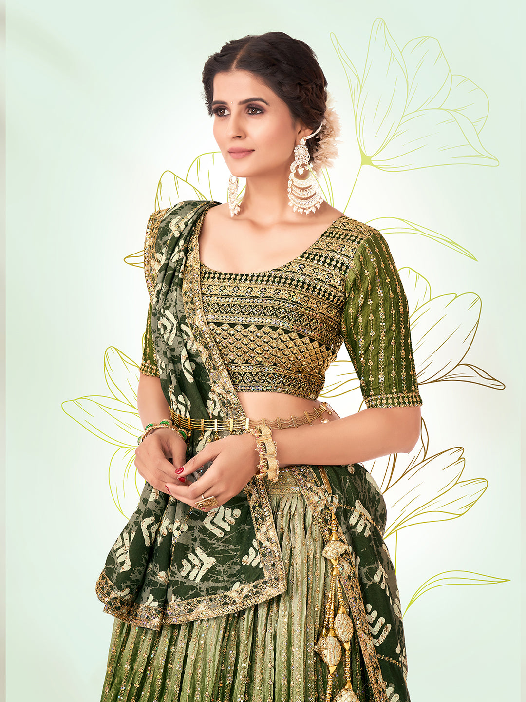 Olive Green Navratri Special Chinon Silk Lehenga Choli