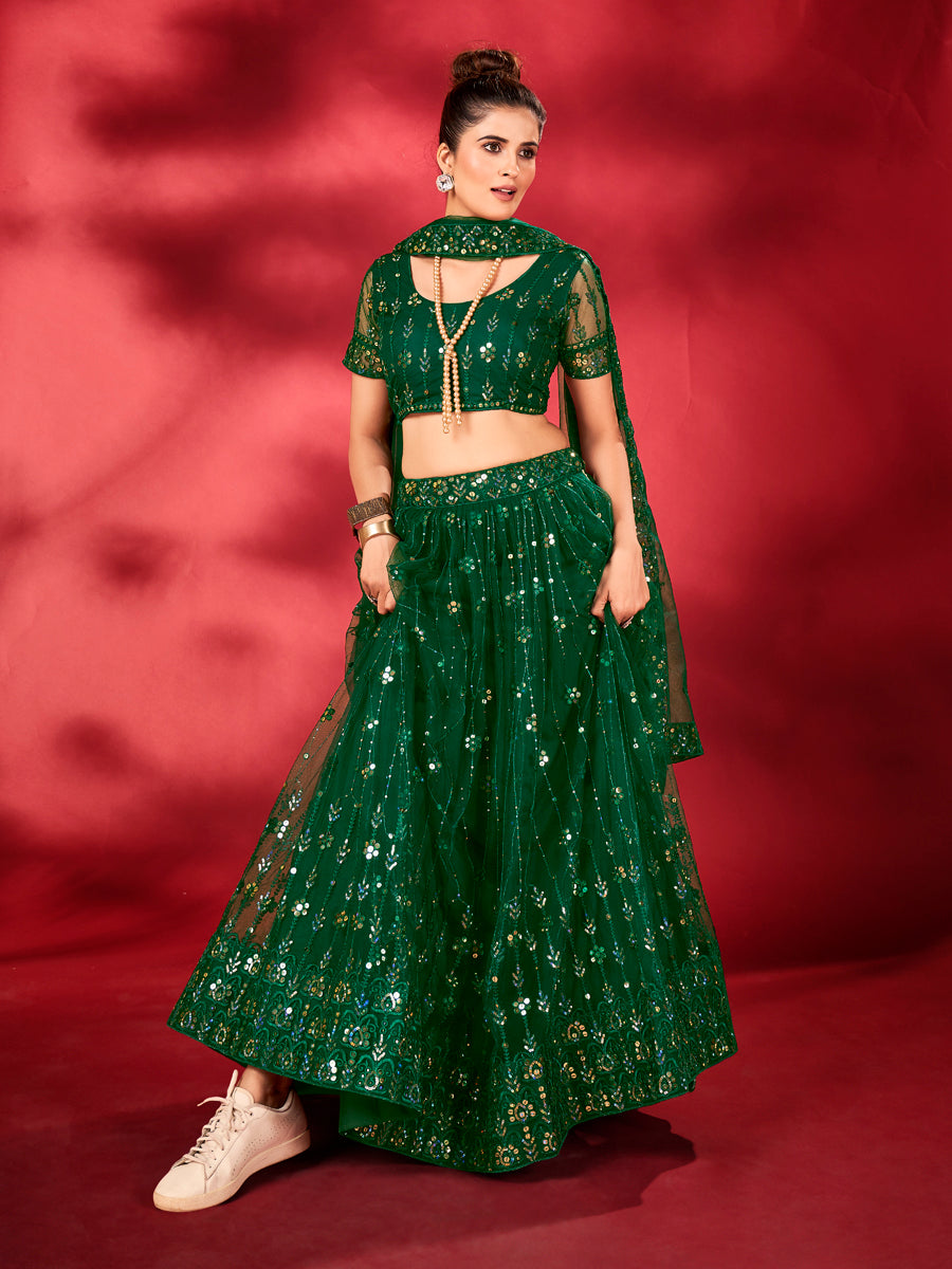 Deep Green Sequins Embroidered Net Lehenga Choli