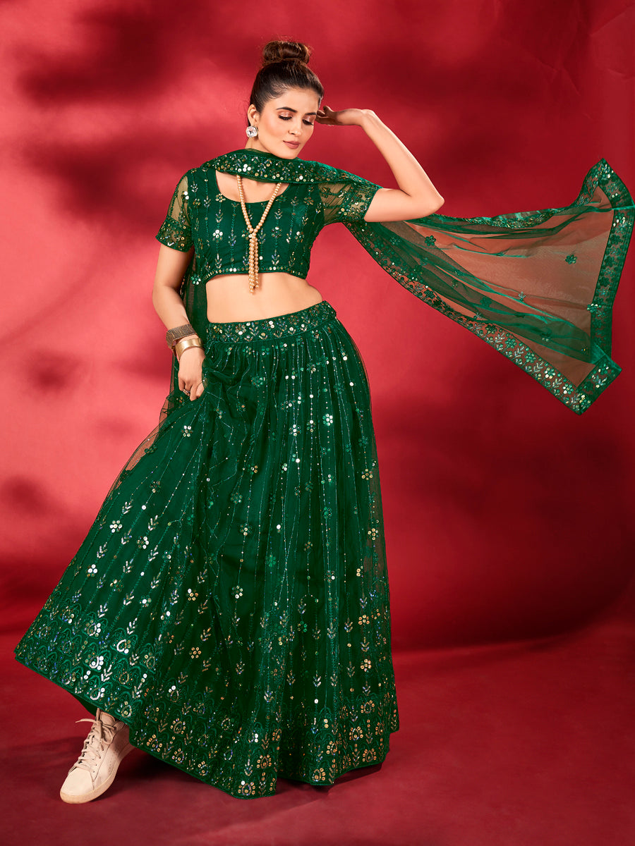 Deep Green Sequins Embroidered Net Lehenga Choli