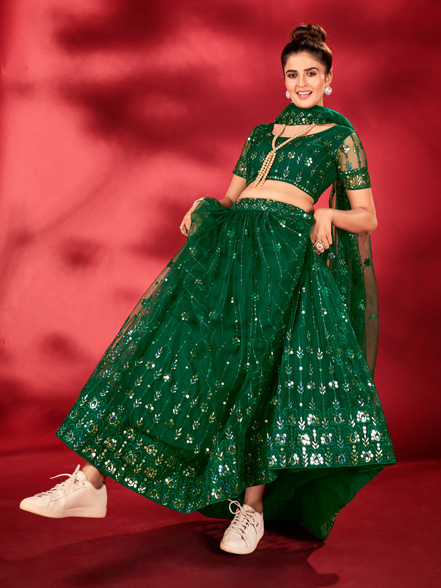 Deep Green Sequins Embroidered Net Lehenga Choli