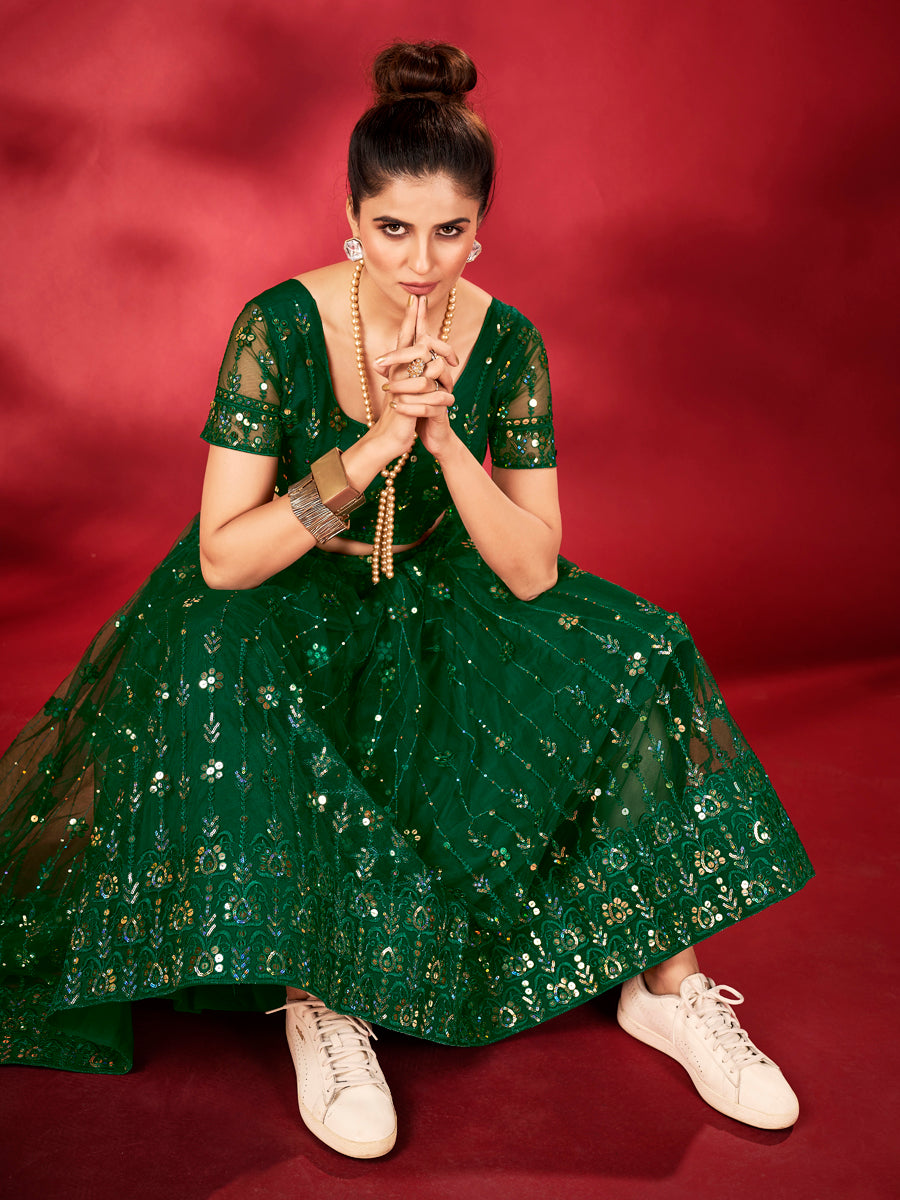 Deep Green Sequins Embroidered Net Lehenga Choli