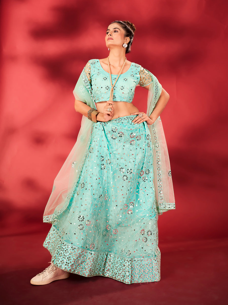 Sky Blue Sequins Embroidered Net Lehenga Choli