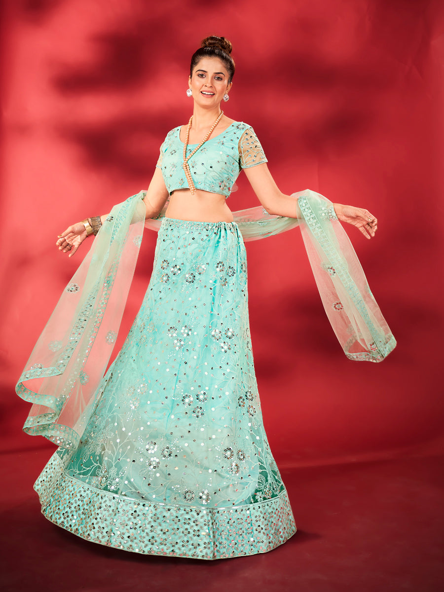 Sky Blue Sequins Embroidered Net Lehenga Choli