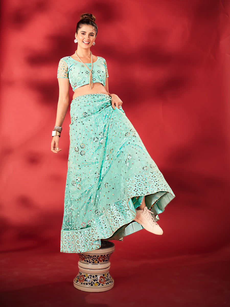 Sky Blue Sequins Embroidered Net Lehenga Choli