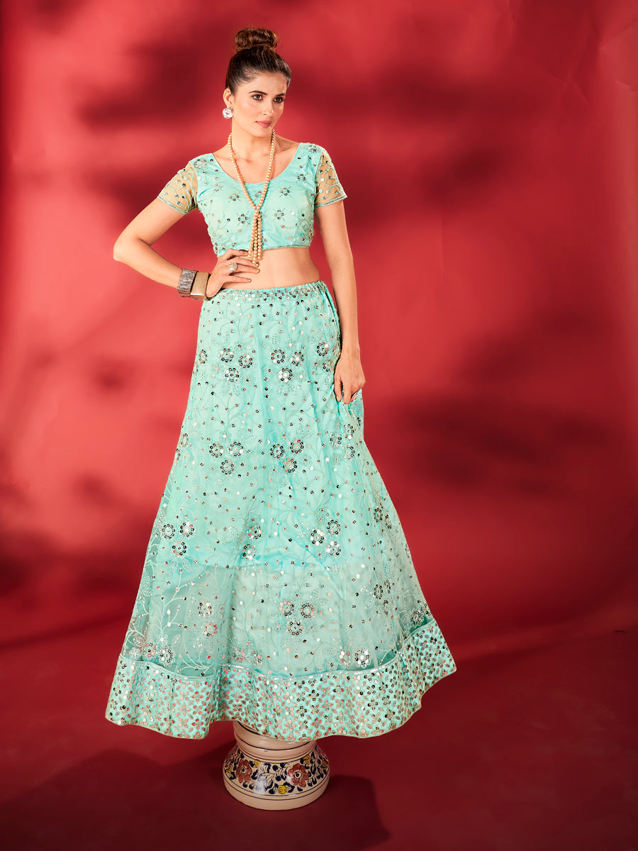 Sky Blue Sequins Embroidered Net Lehenga Choli