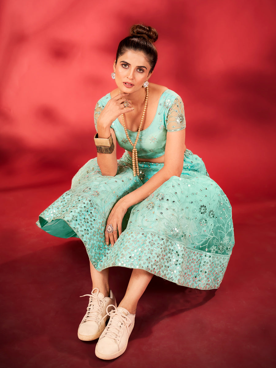 Sky Blue Sequins Embroidered Net Lehenga Choli