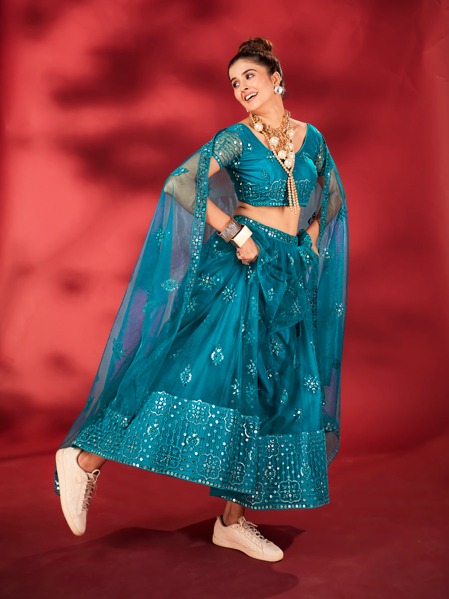 Light Blue Sequins Embroidered Net Lehenga Choli