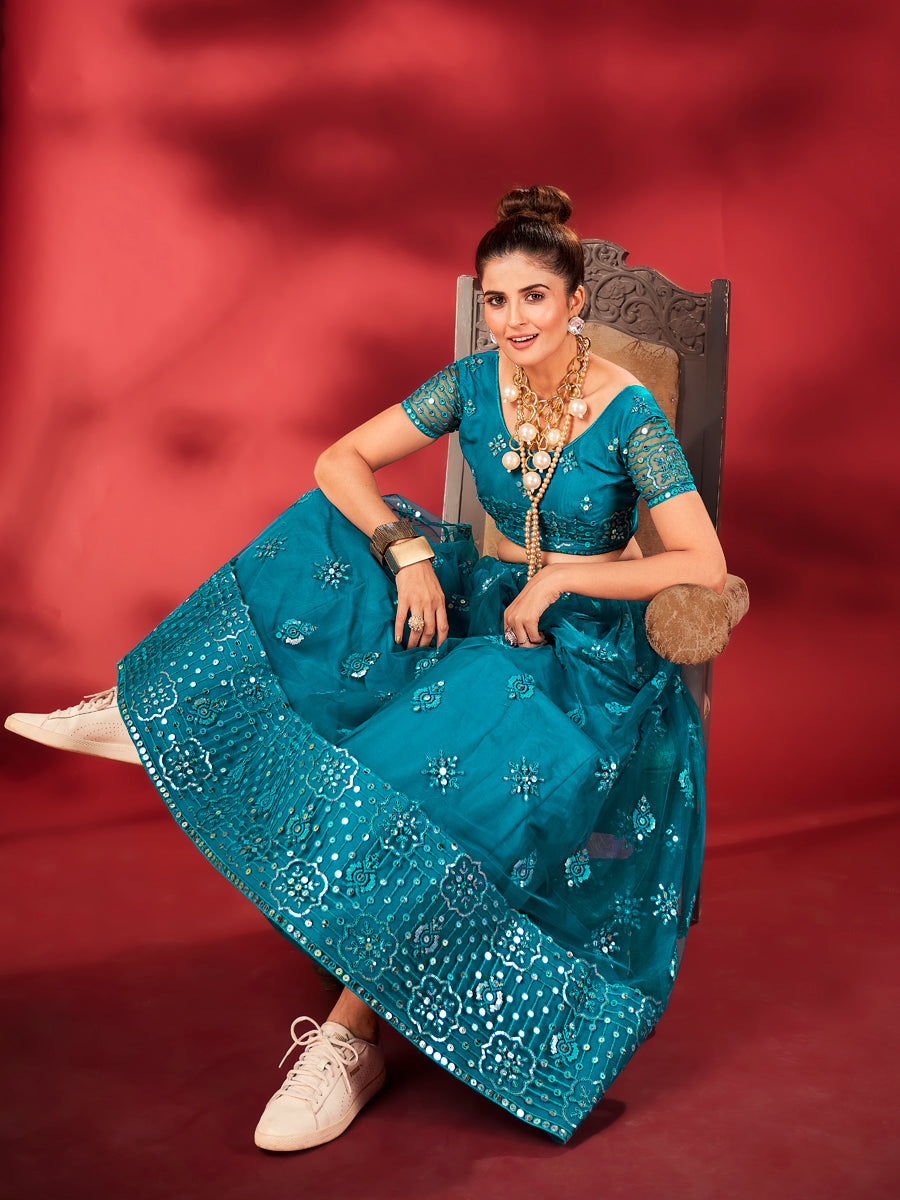 Light Blue Sequins Embroidered Net Lehenga Choli