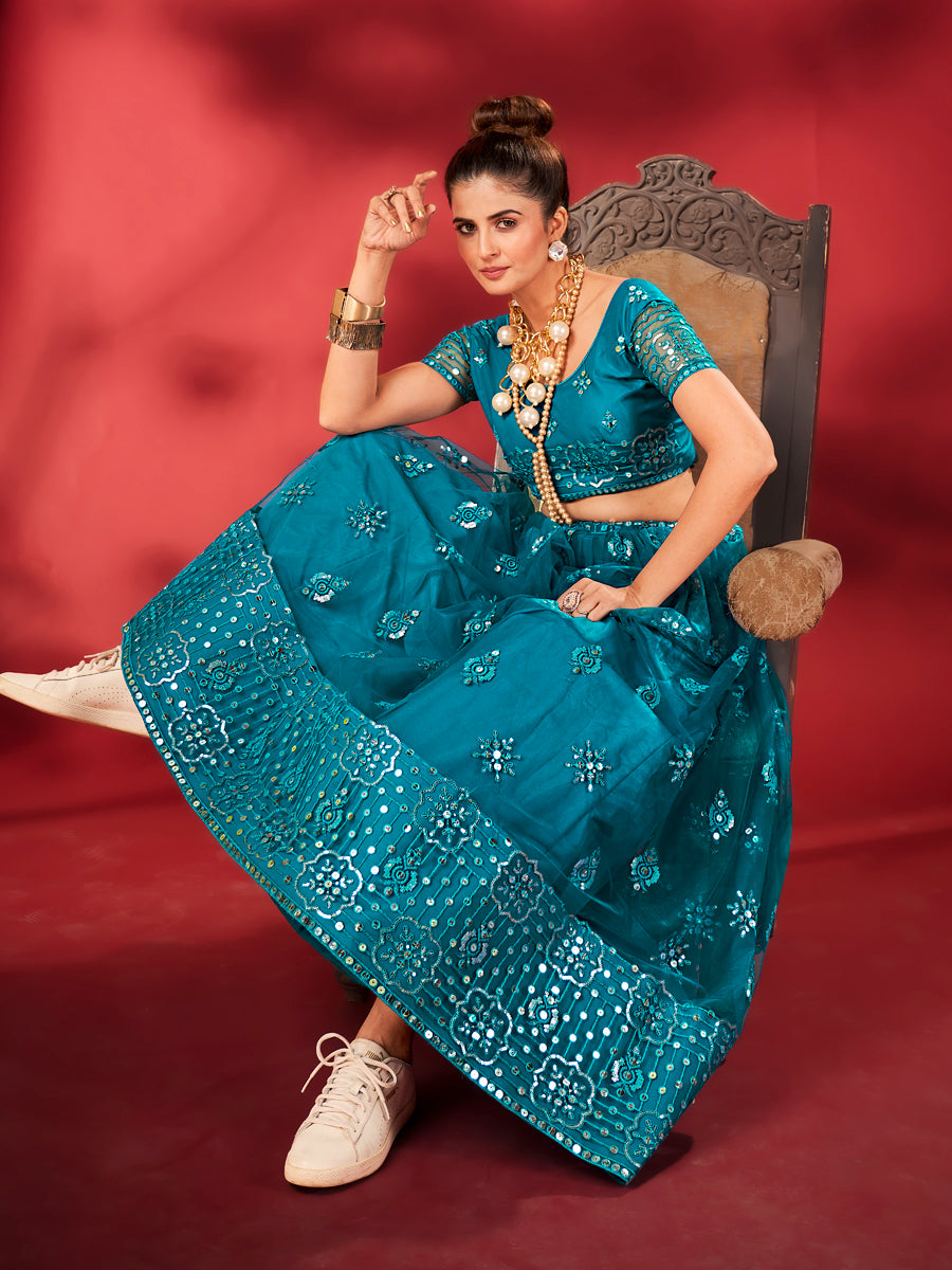 Light Blue Sequins Embroidered Net Lehenga Choli