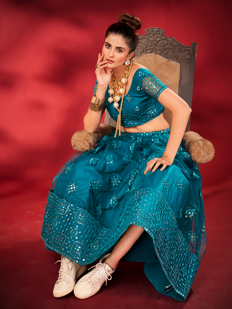 Light Blue Sequins Embroidered Net Lehenga Choli