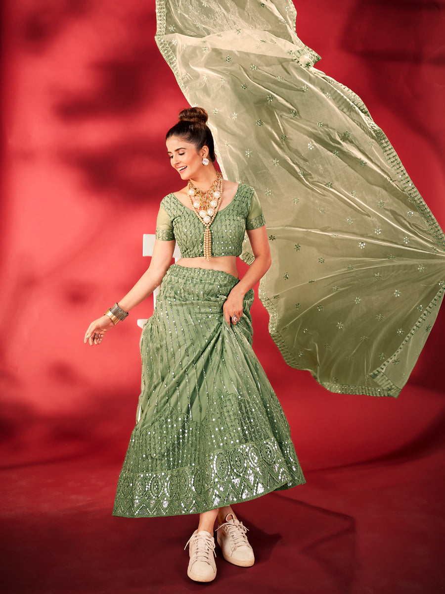 Pistachio Green Sequins Embroidered Net Lehenga Choli