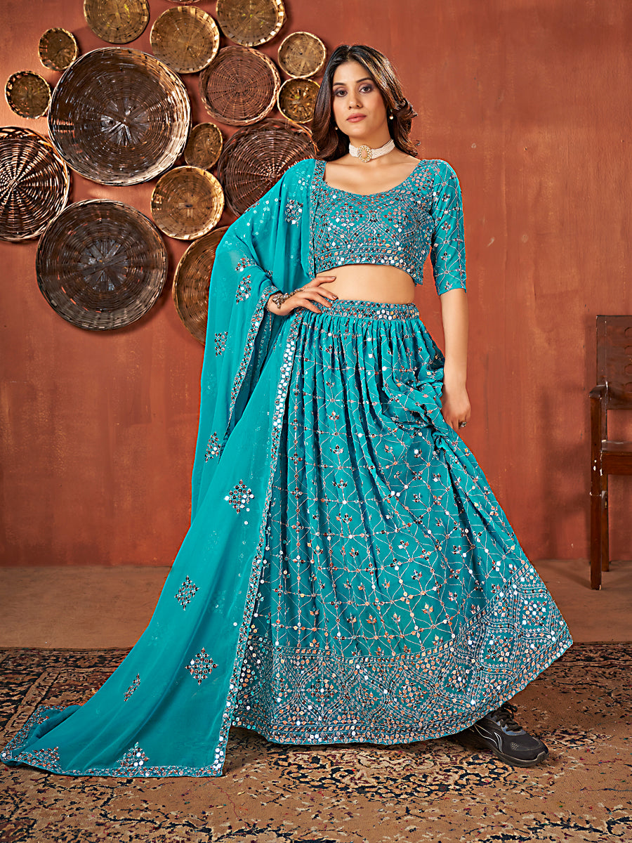 Sky Blue Georgette Embroidered Wedding Lehenga Choli