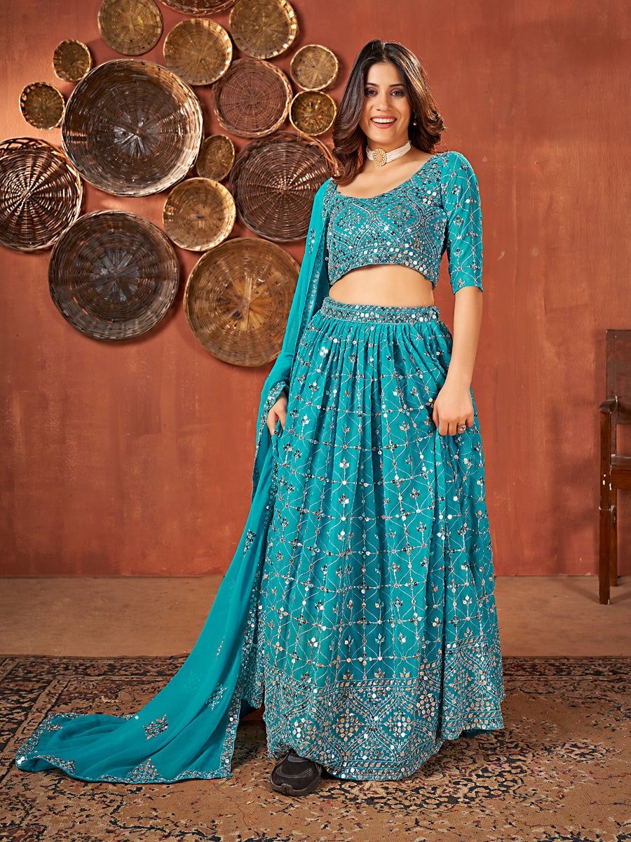 Sky Blue Georgette Embroidered Wedding Lehenga Choli