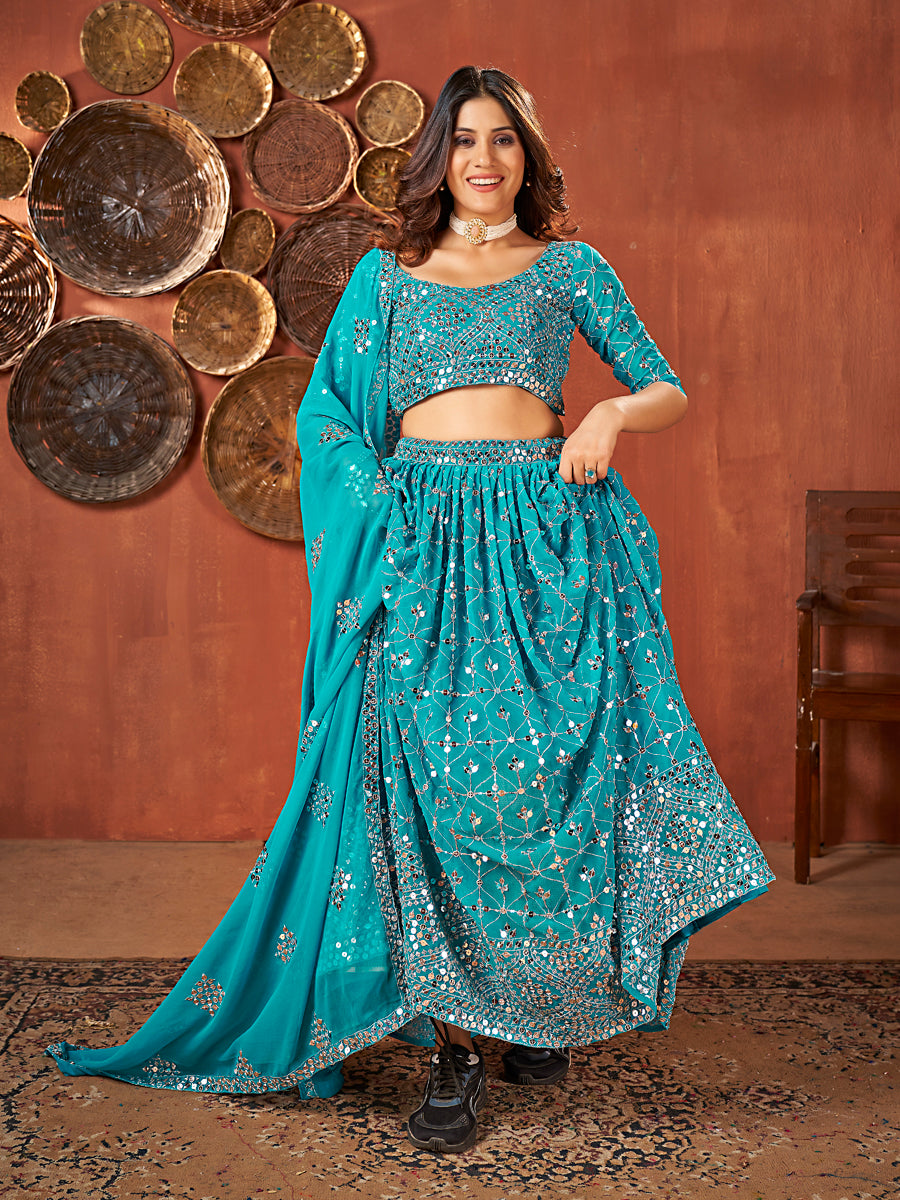 Sky Blue Georgette Embroidered Wedding Lehenga Choli