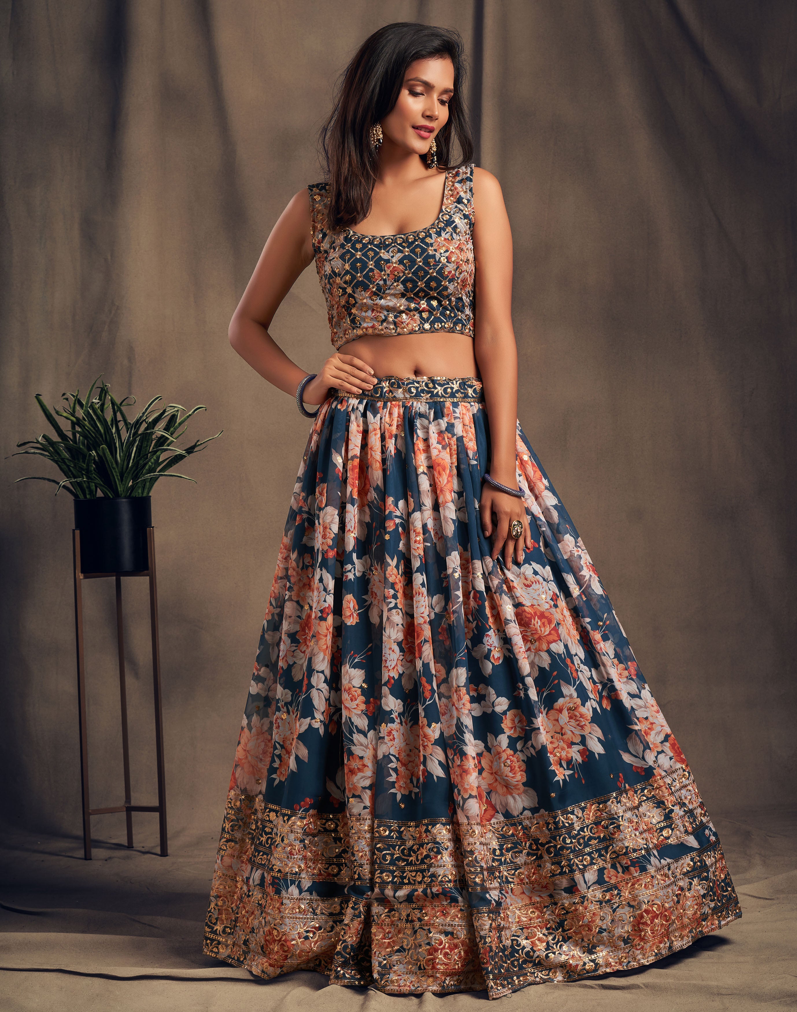 Blue Floral Printed Lehenga Choli with Sequins Zari Embroidery Work