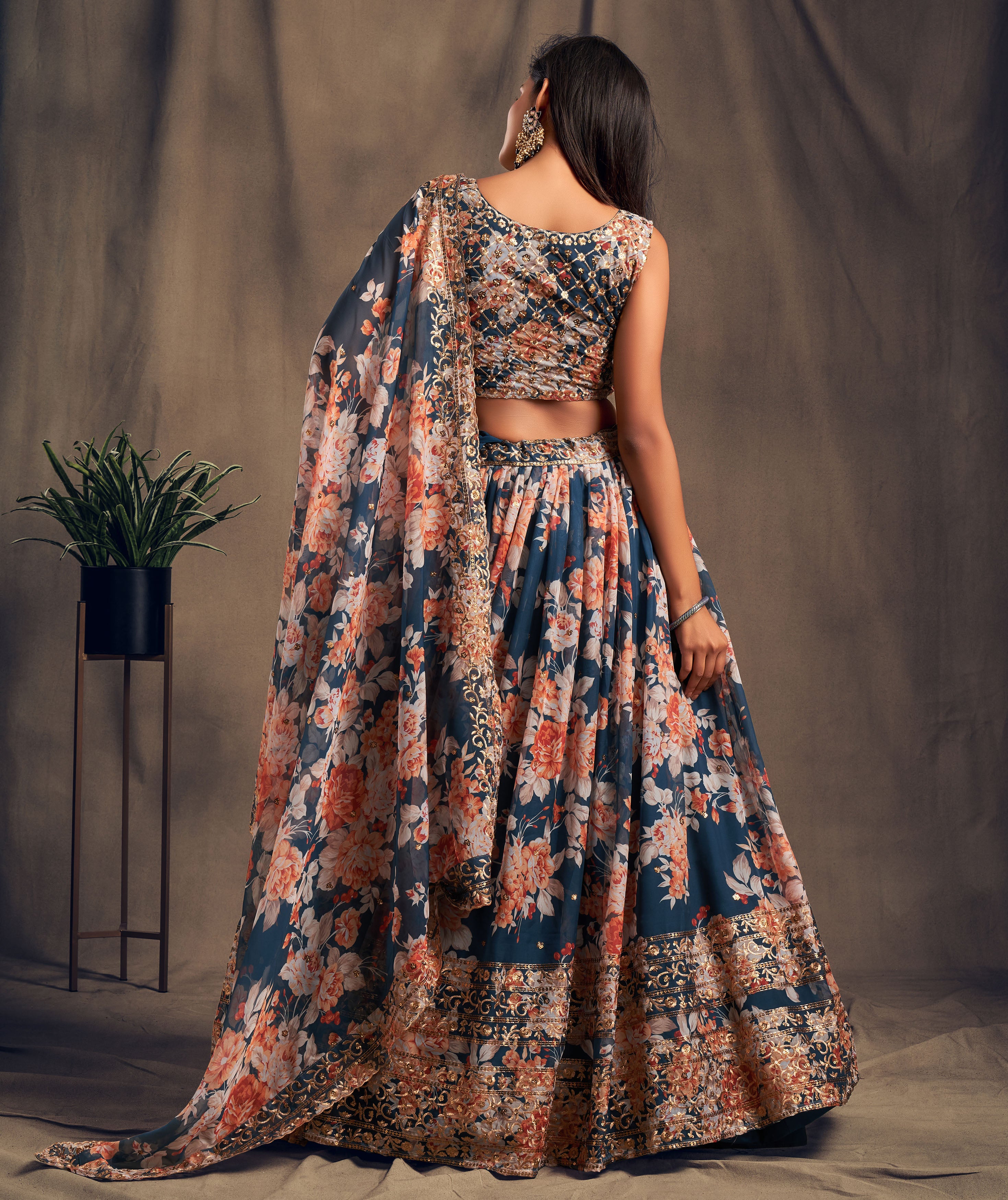 Blue Floral Printed Lehenga Choli with Sequins Zari Embroidery Work