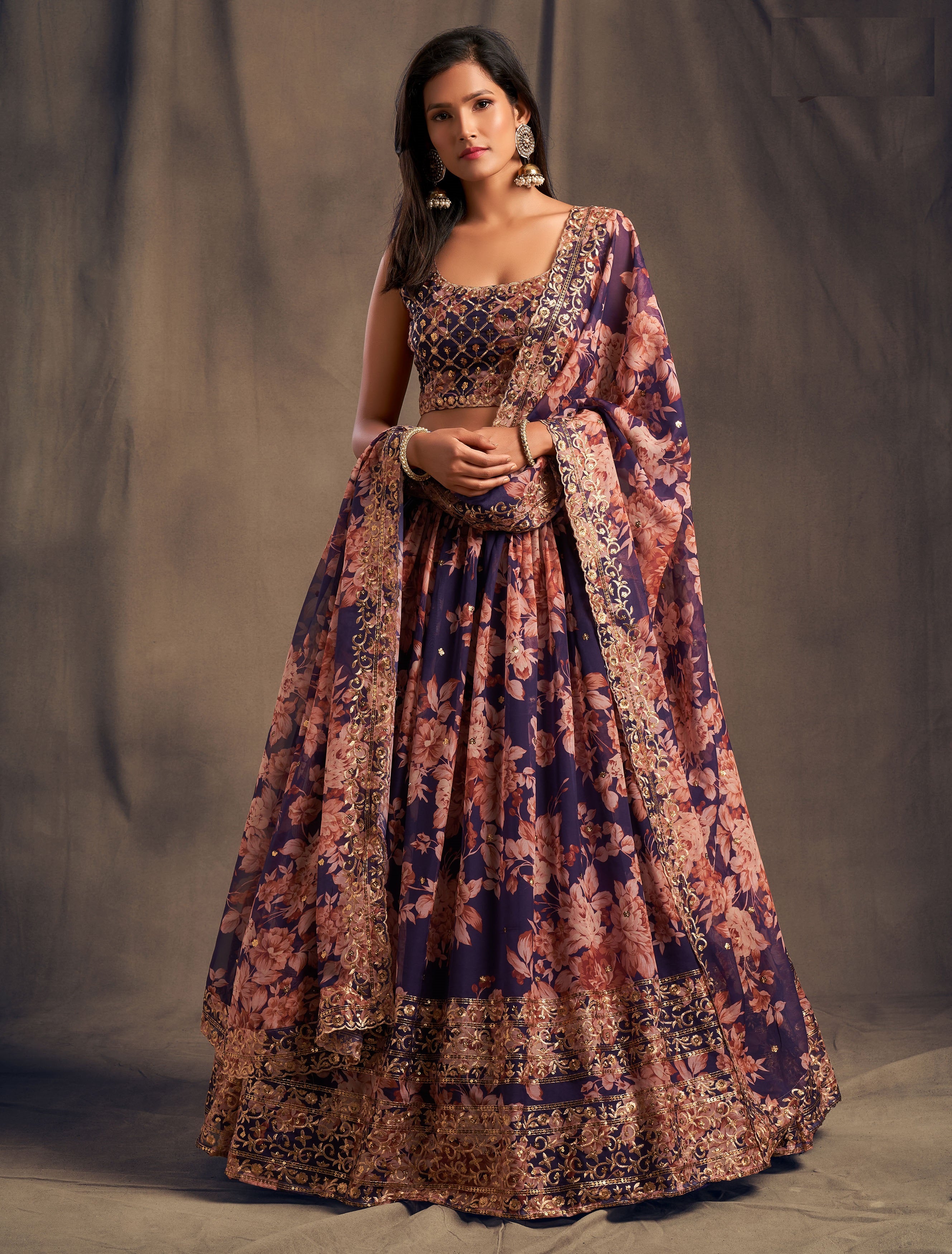 Magenta Floral Printed Organza Lehenga Choli