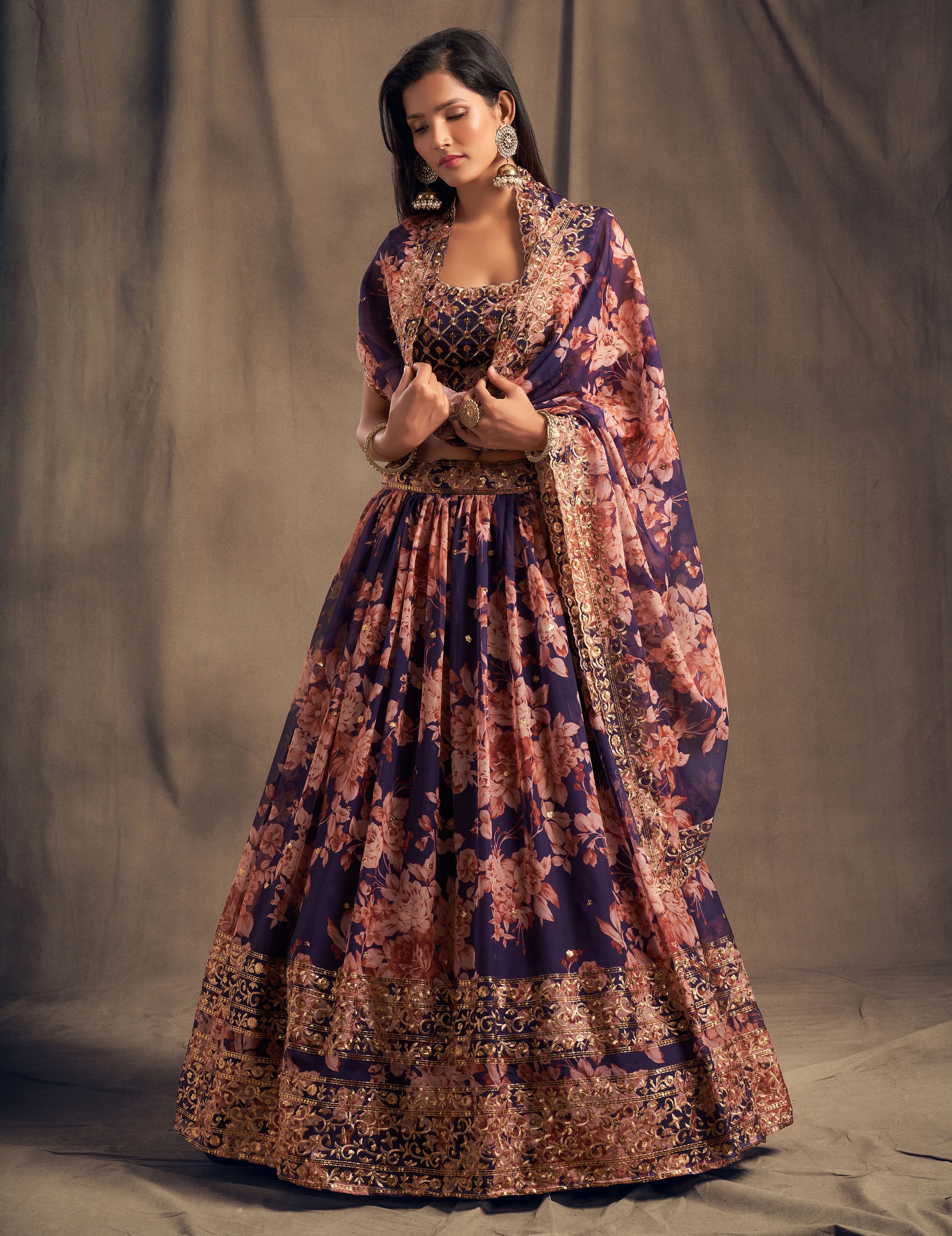 Magenta Floral Printed Organza Lehenga Choli