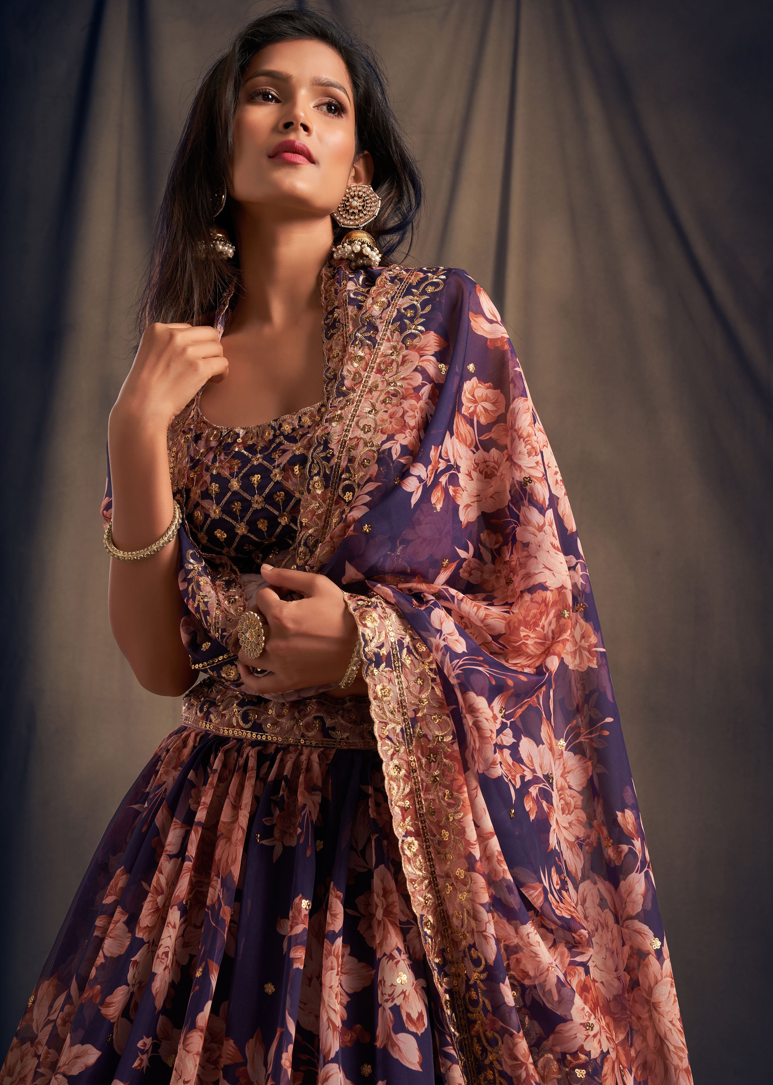 Purple Floral Printed Lehenga Choli with Sequins Zari Embroidery Work