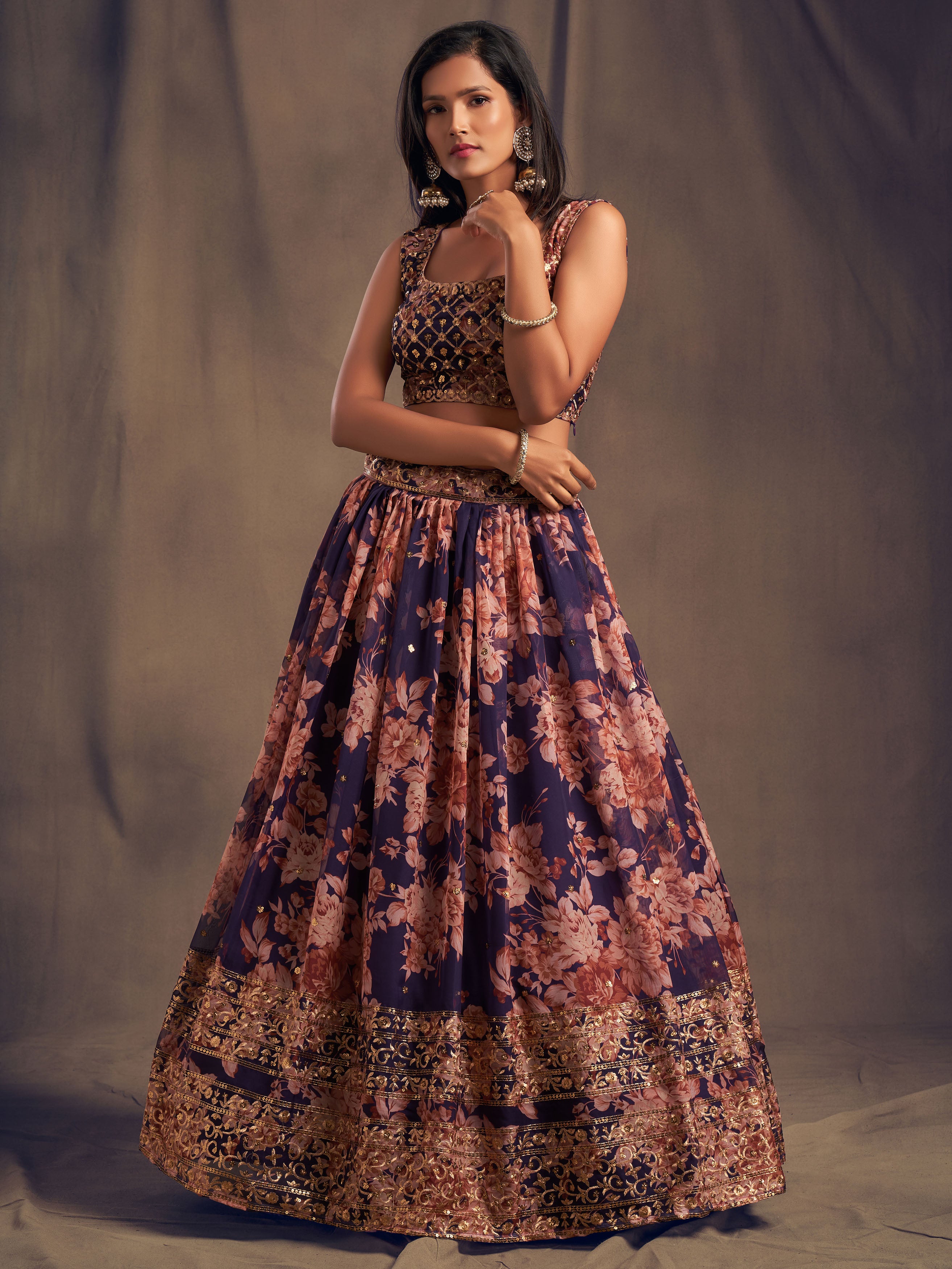 Purple Floral Printed Lehenga Choli with Sequins Zari Embroidery Work