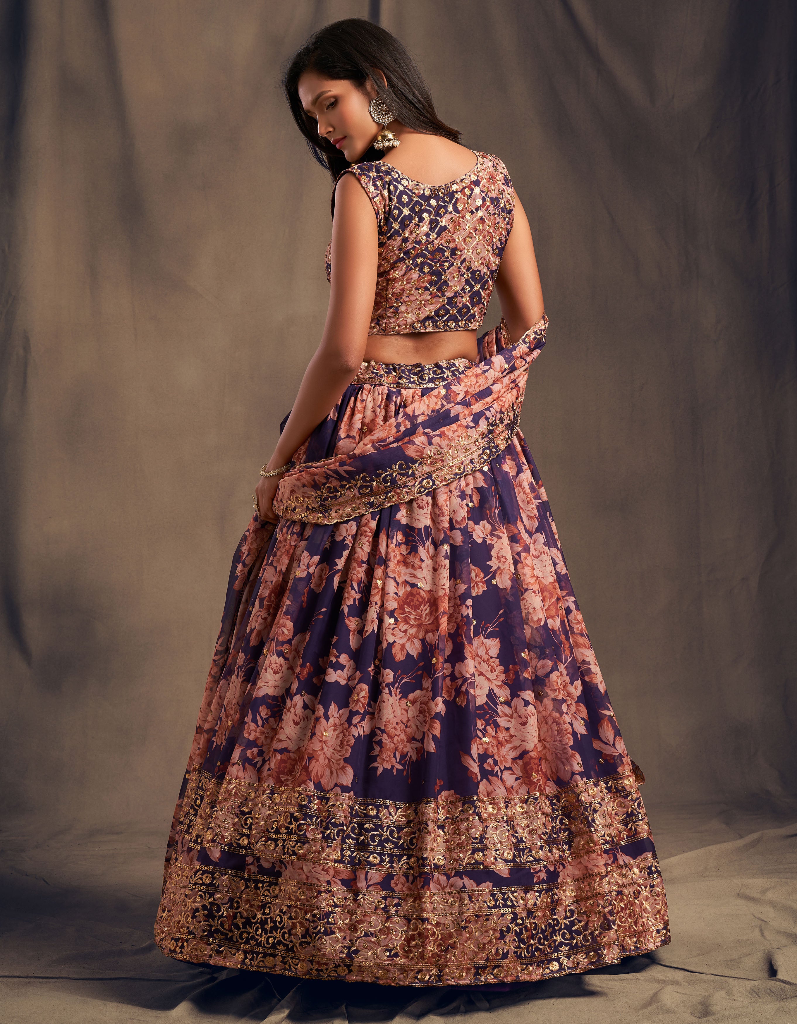 Purple Floral Printed Lehenga Choli with Sequins Zari Embroidery Work