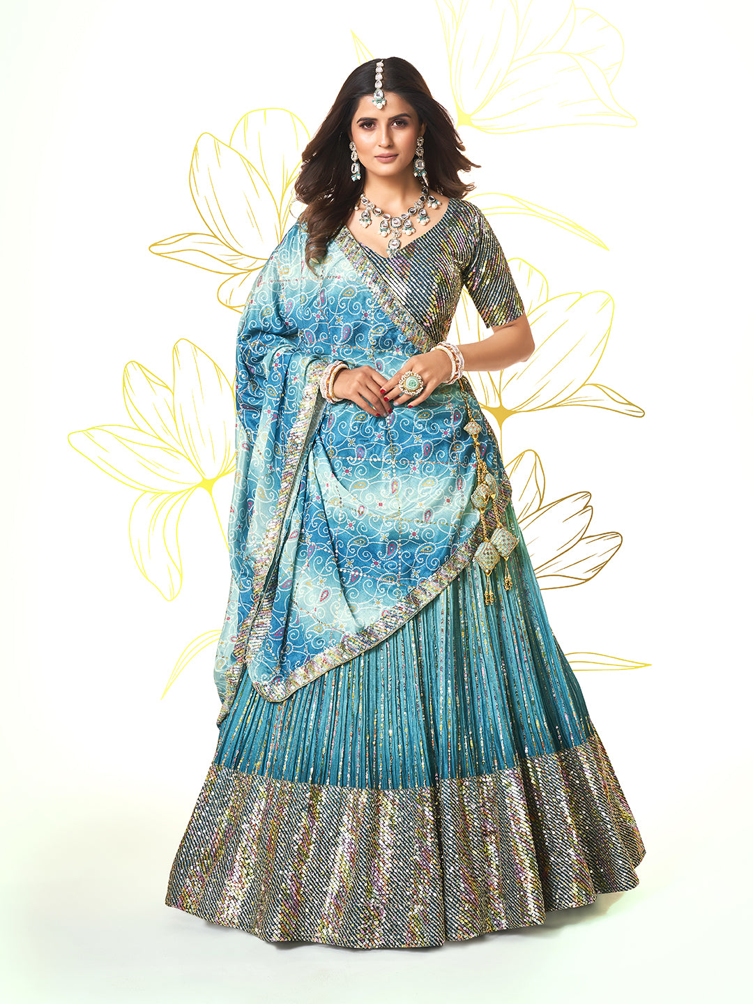 Turquoise Blue Navratri Special Chinon Silk Lehenga Choli