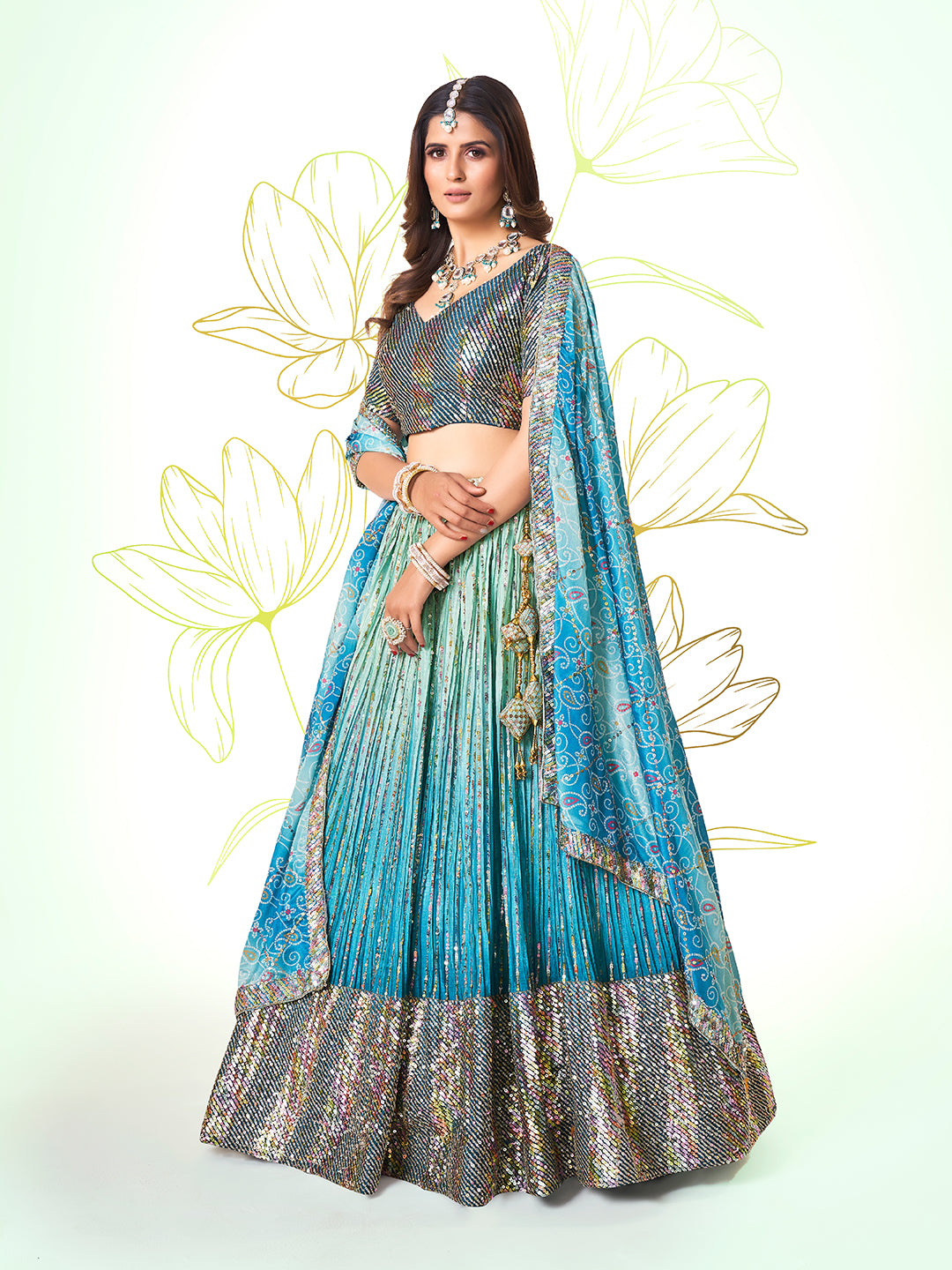 Turquoise Blue Navratri Special Chinon Silk Lehenga Choli