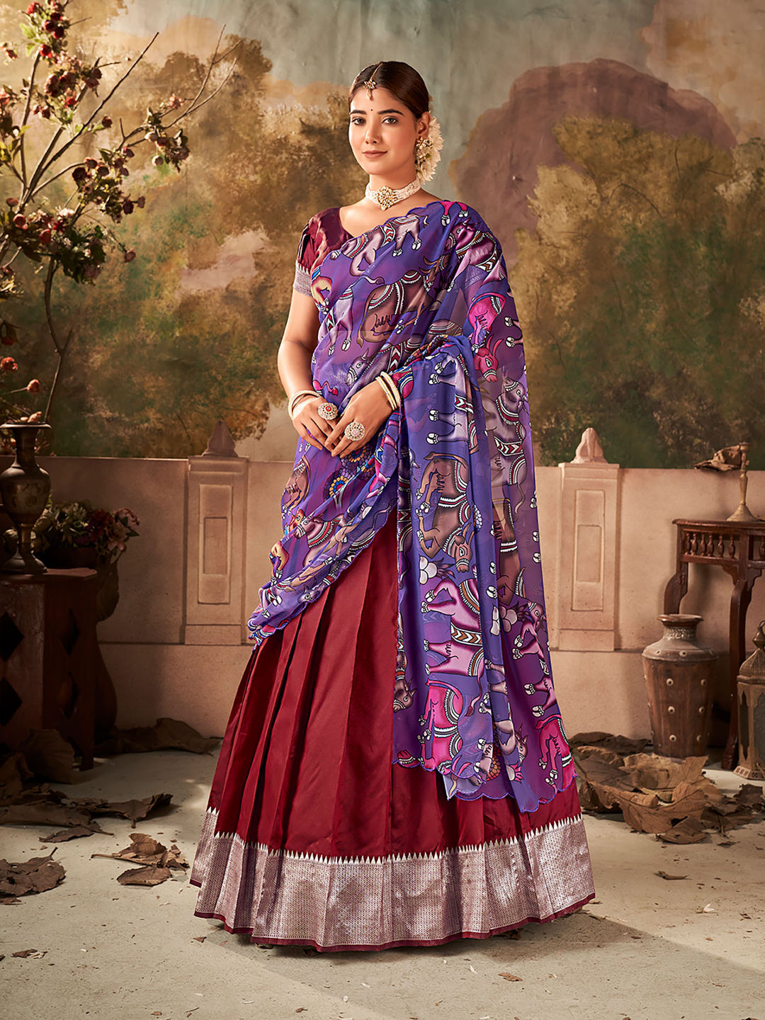 Maroon Woven Banarasi Silk Half Saree Lehenga