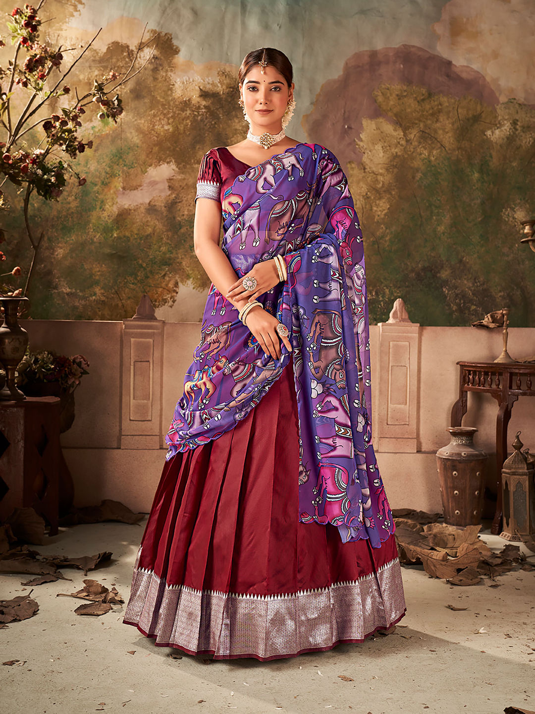 Maroon Woven Banarasi Silk Half Saree Lehenga