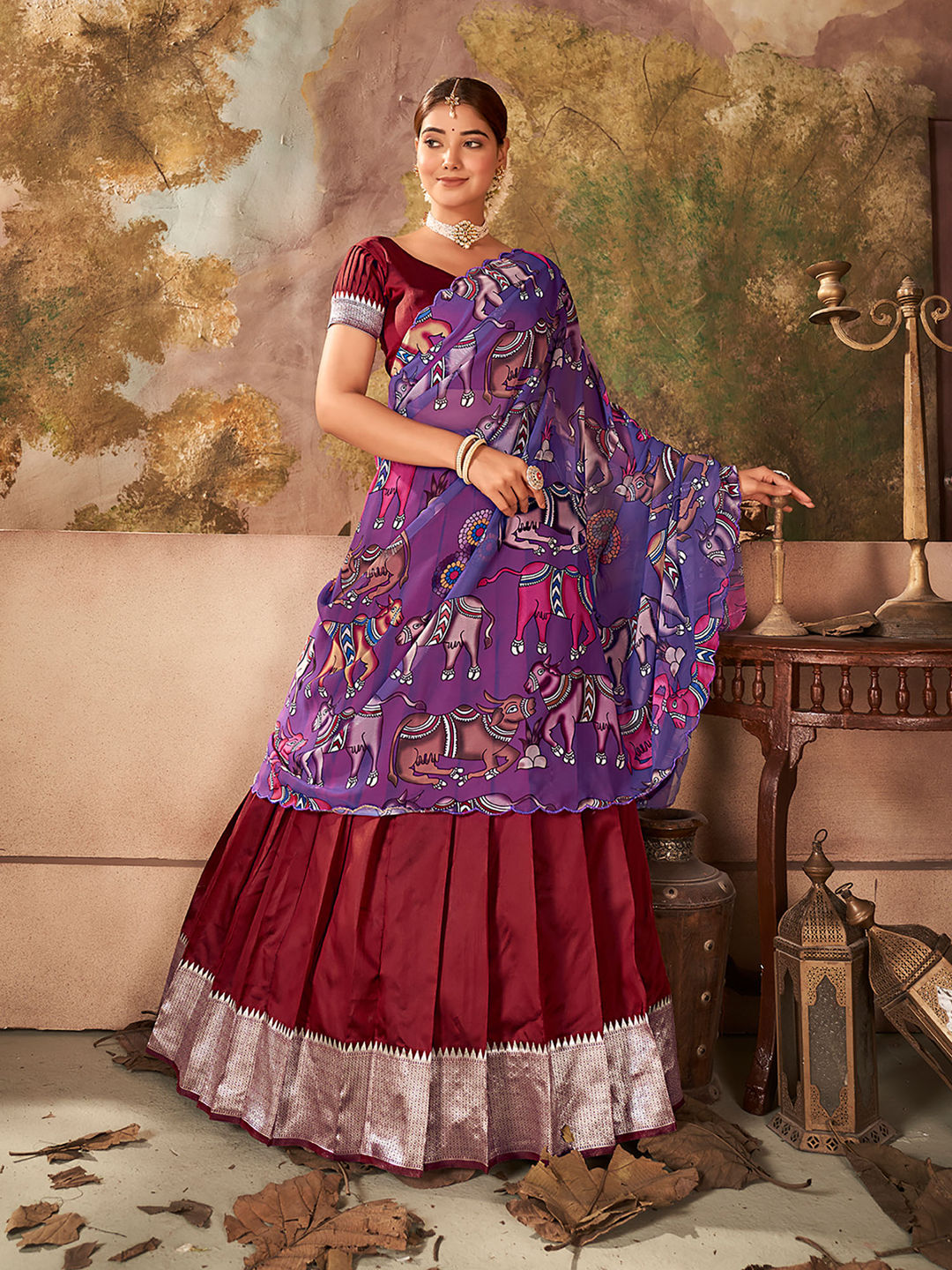 Maroon Woven Banarasi Silk Half Saree Lehenga