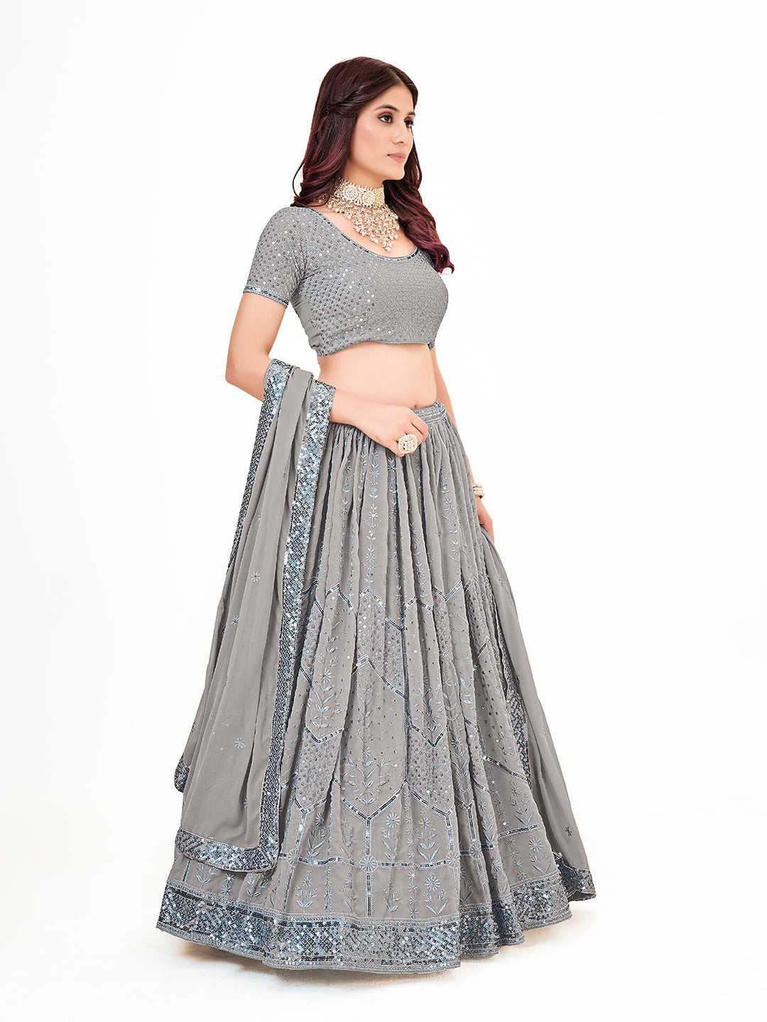 Grey Georgette Embroidered Wedding Lehenga Choli