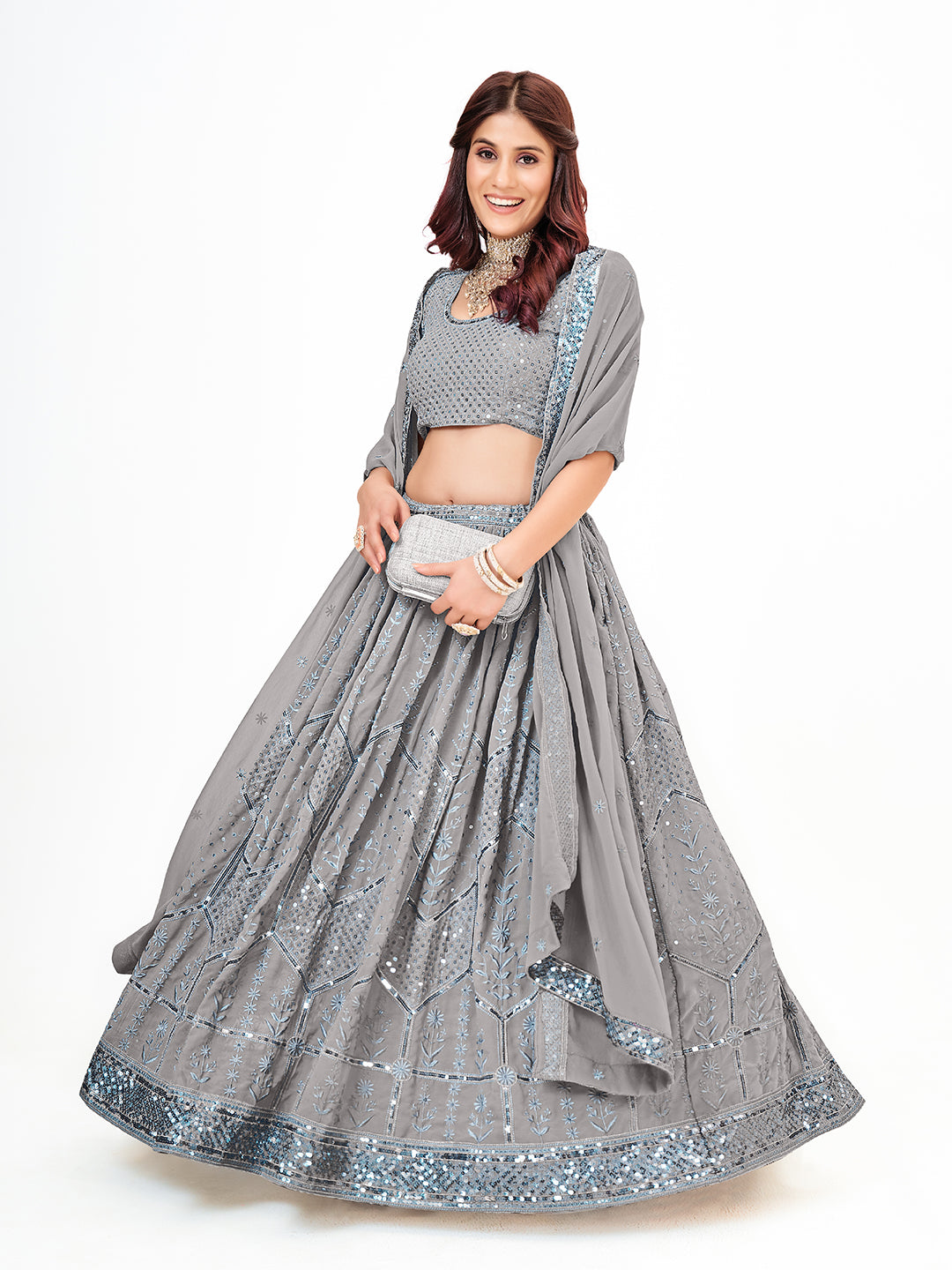 Grey Georgette Embroidered Wedding Lehenga Choli