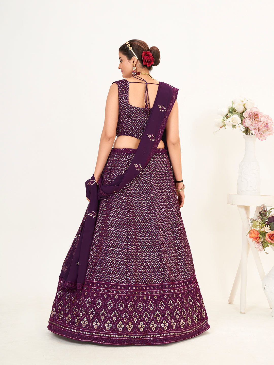 Purple Georgette Embroidered Wedding Lehenga Choli