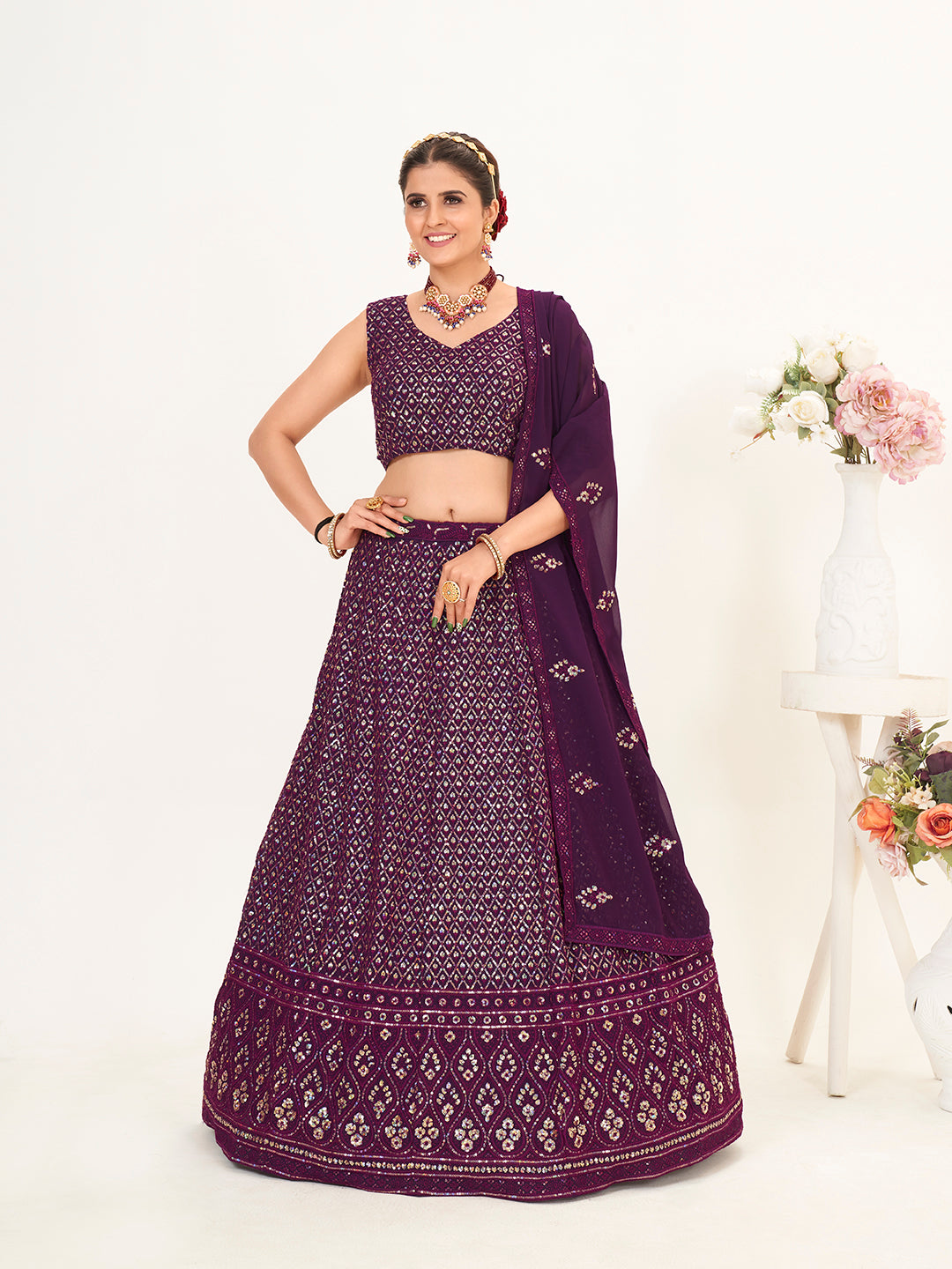 Purple Georgette Embroidered Wedding Lehenga Choli