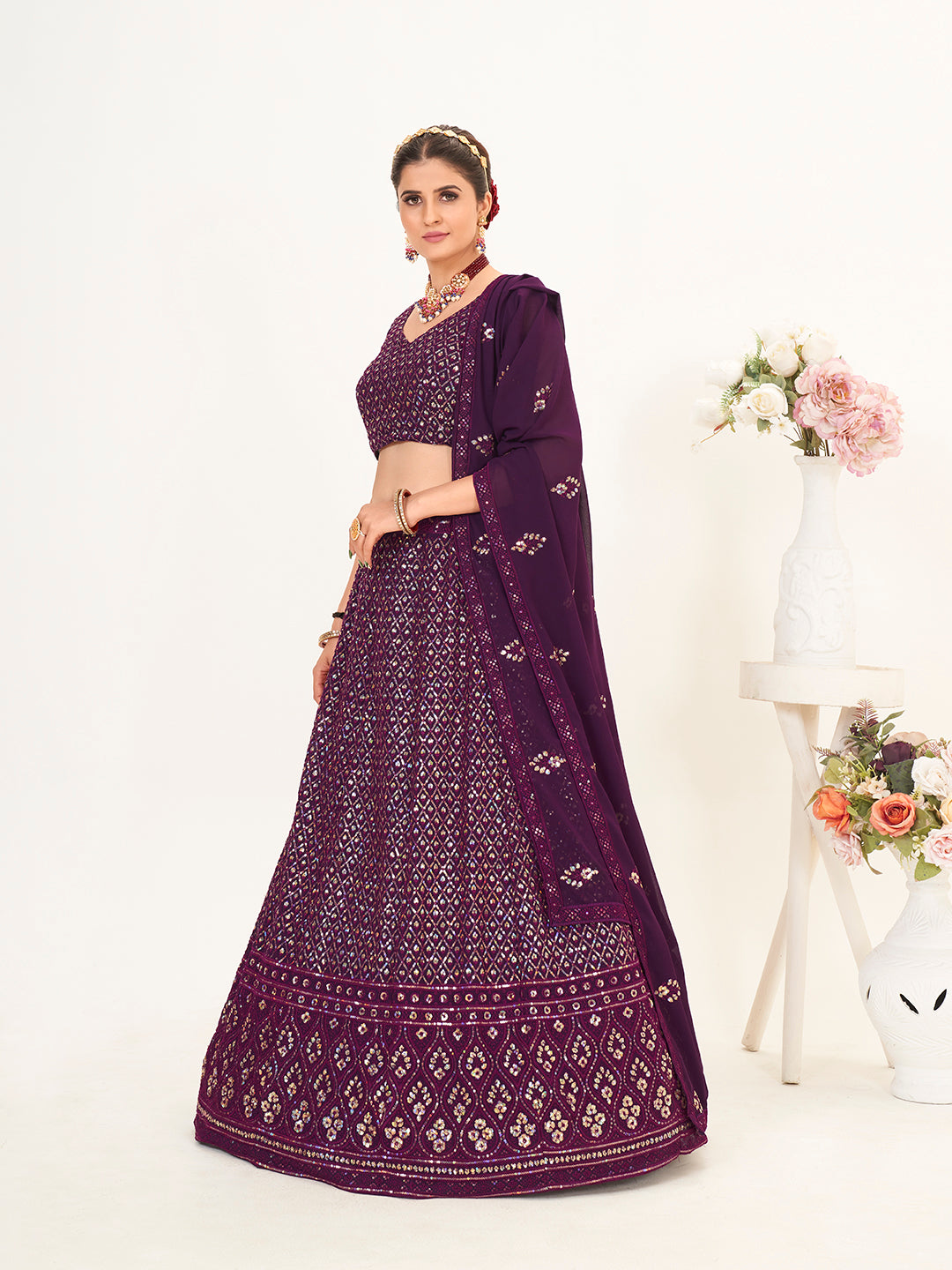 Purple Georgette Embroidered Wedding Lehenga Choli