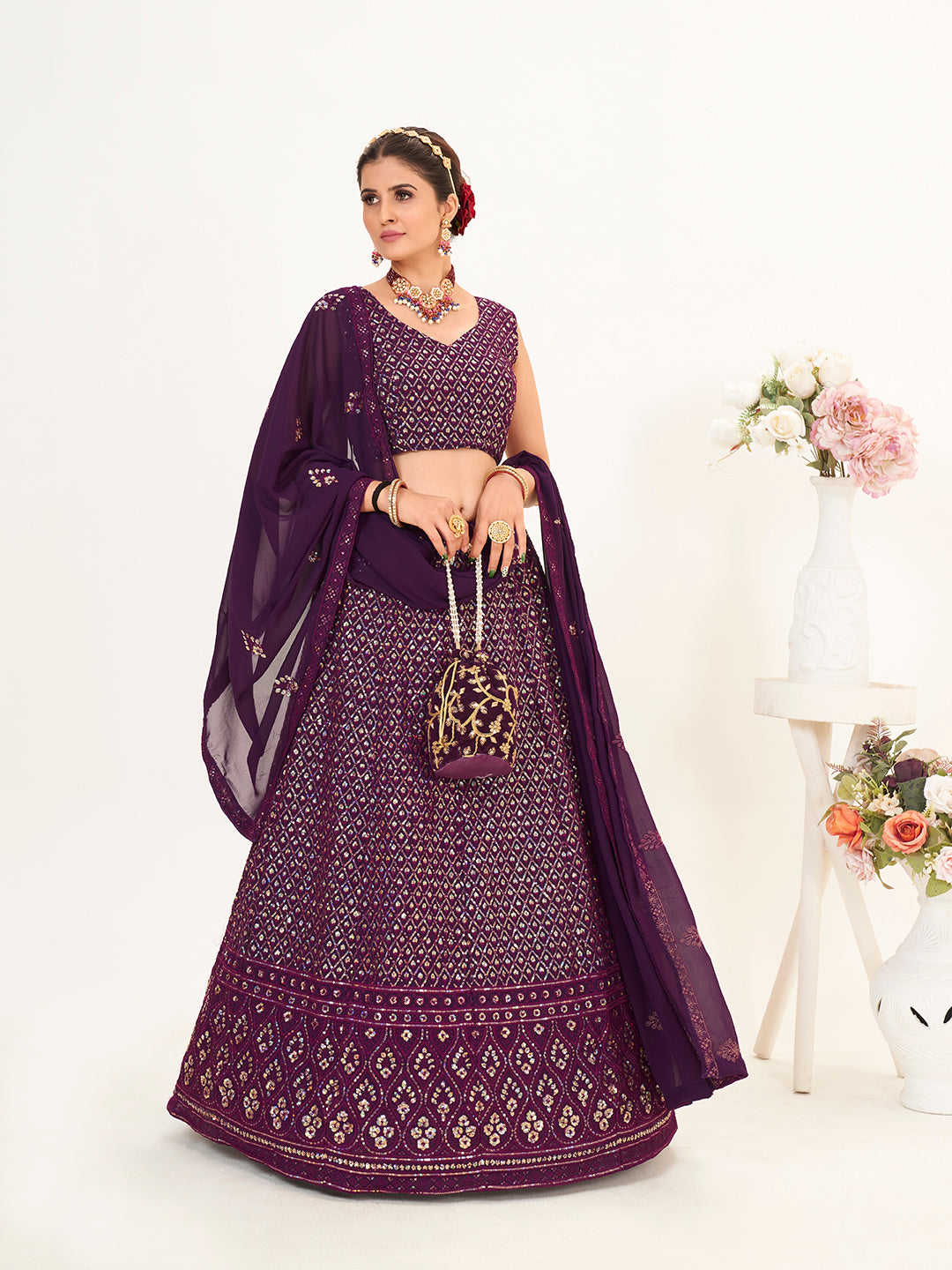 Purple Georgette Embroidered Wedding Lehenga Choli