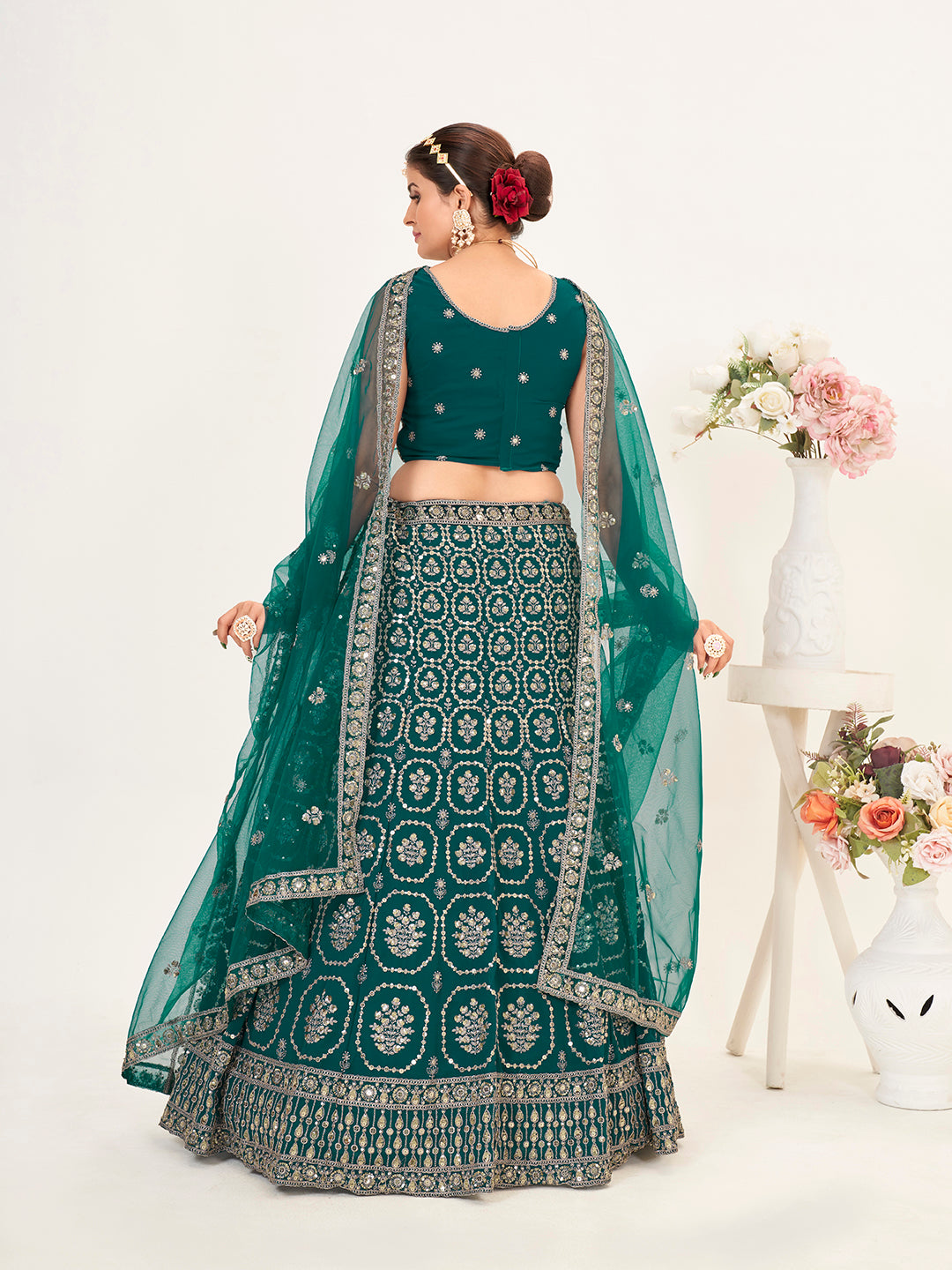 Teal Blue Georgette Embroidered Wedding Lehenga Choli