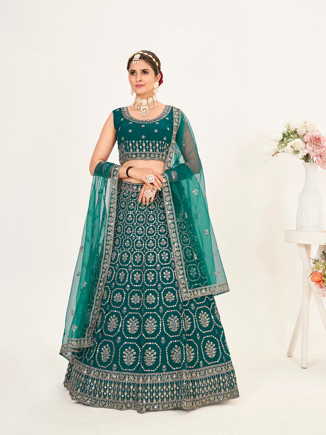 Teal Blue Georgette Embroidered Wedding Lehenga Choli