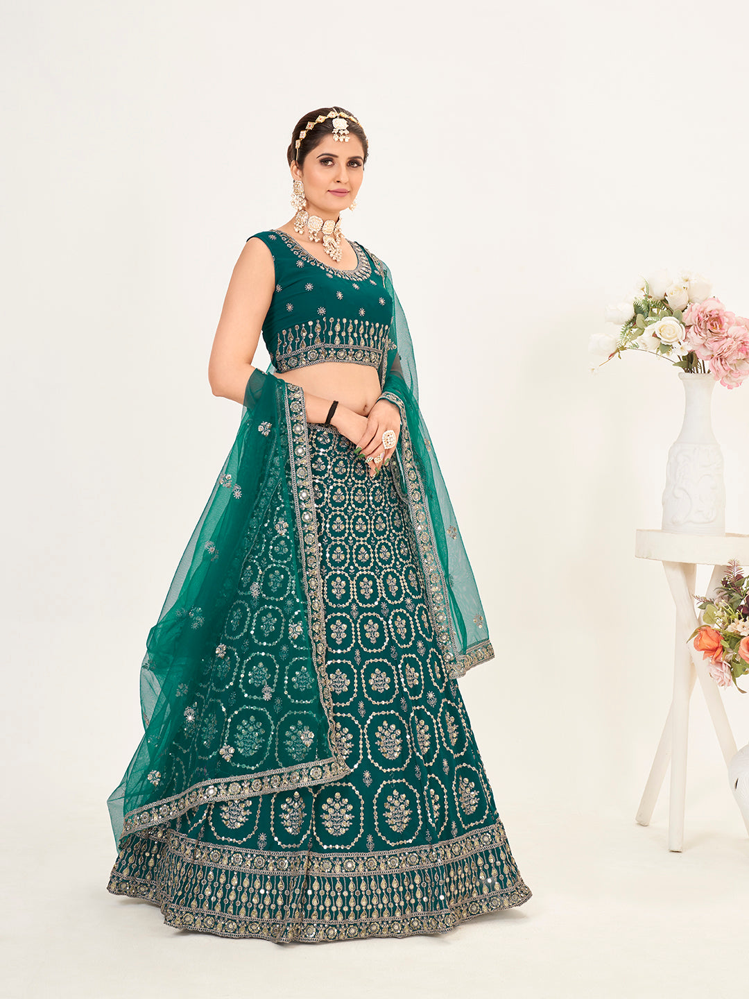 Teal Blue Georgette Embroidered Wedding Lehenga Choli