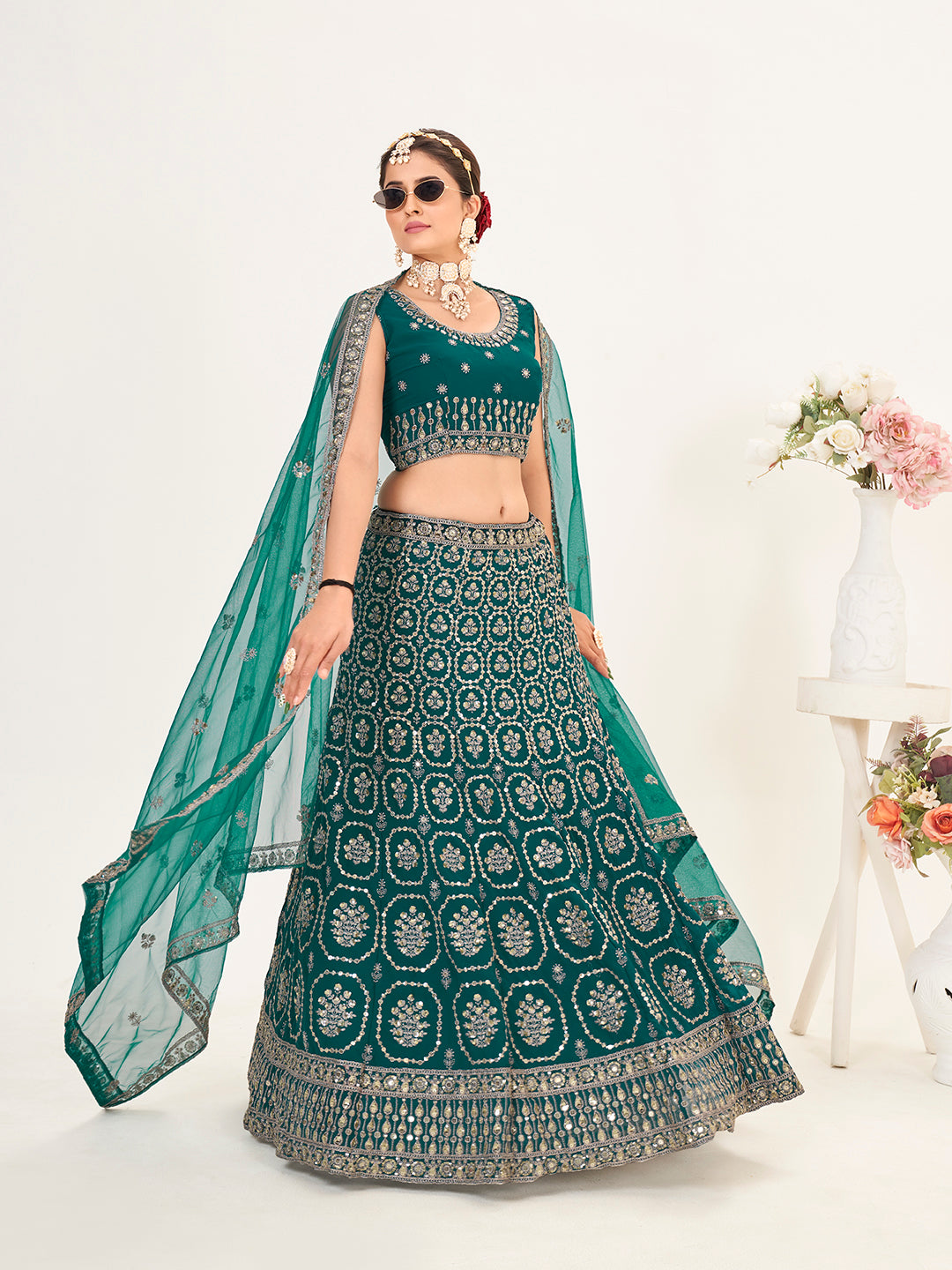 Teal Blue Georgette Embroidered Wedding Lehenga Choli