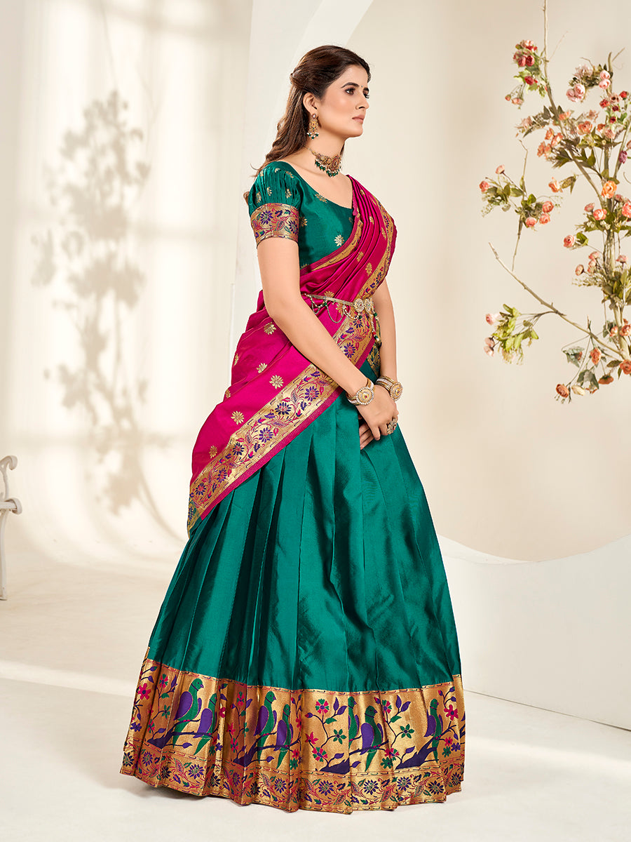 Teal & Pink Zari Woven Paithani Silk Half Saree Lehenga