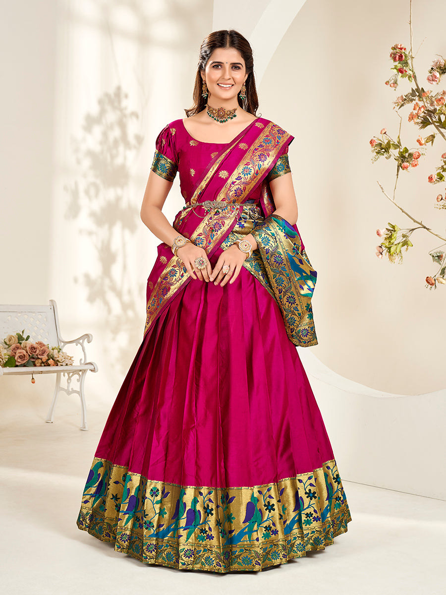 Magenta Pink Zari Woven Paithani Silk Half Saree Lehenga