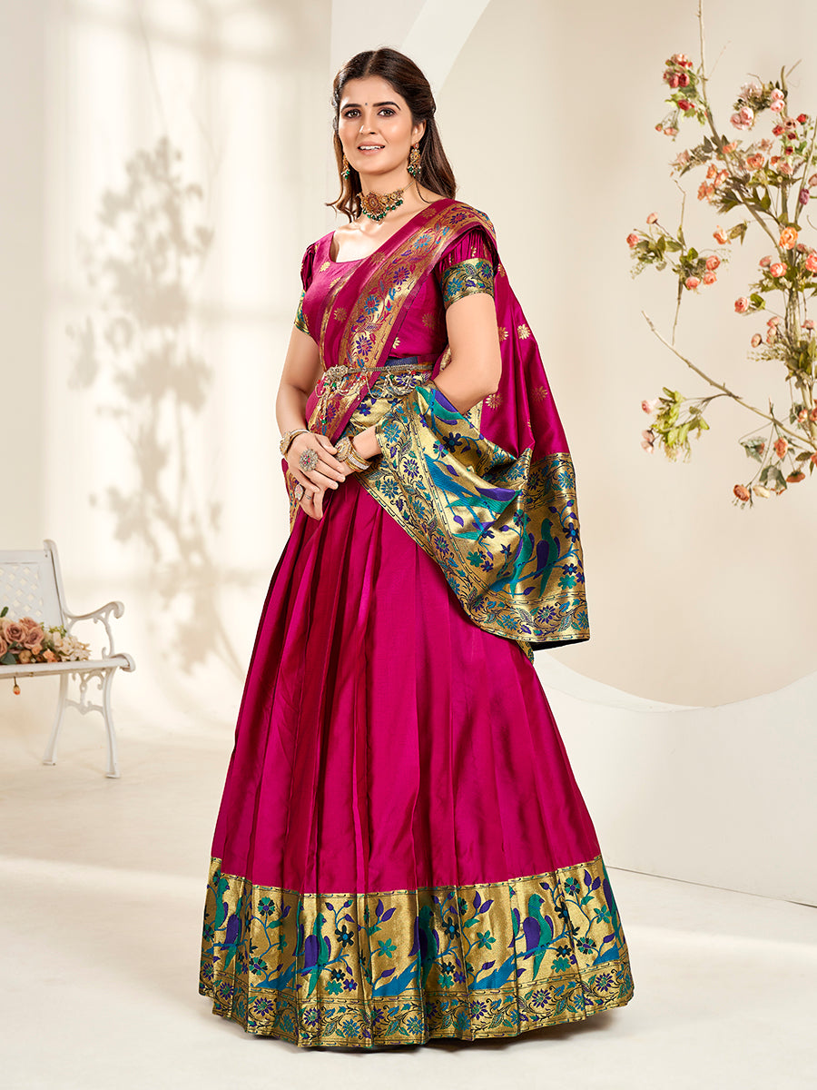 Magenta Pink Zari Woven Paithani Silk Half Saree Lehenga