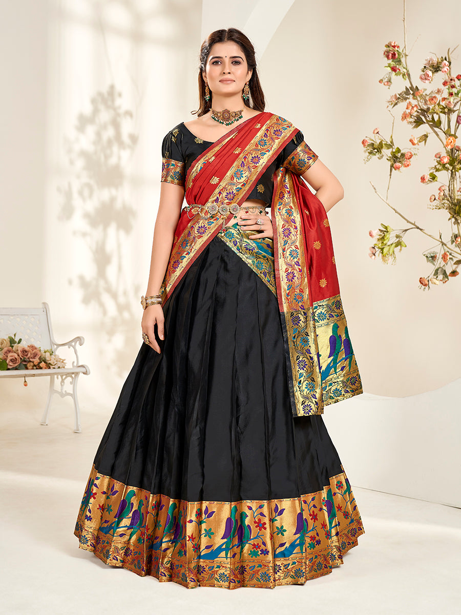 Black & Red Zari Woven Paithani Silk Half Saree Lehenga