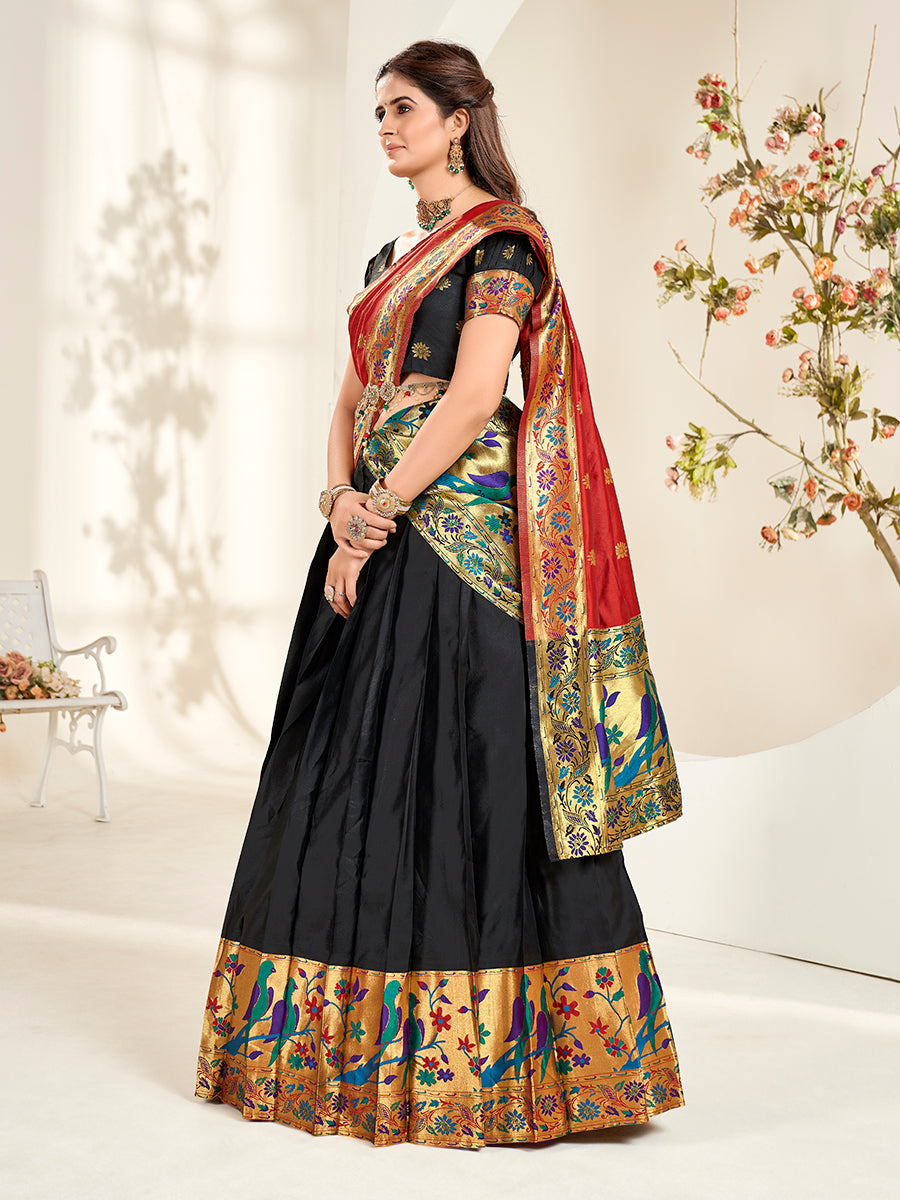 Black & Red Zari Woven Paithani Silk Half Saree Lehenga