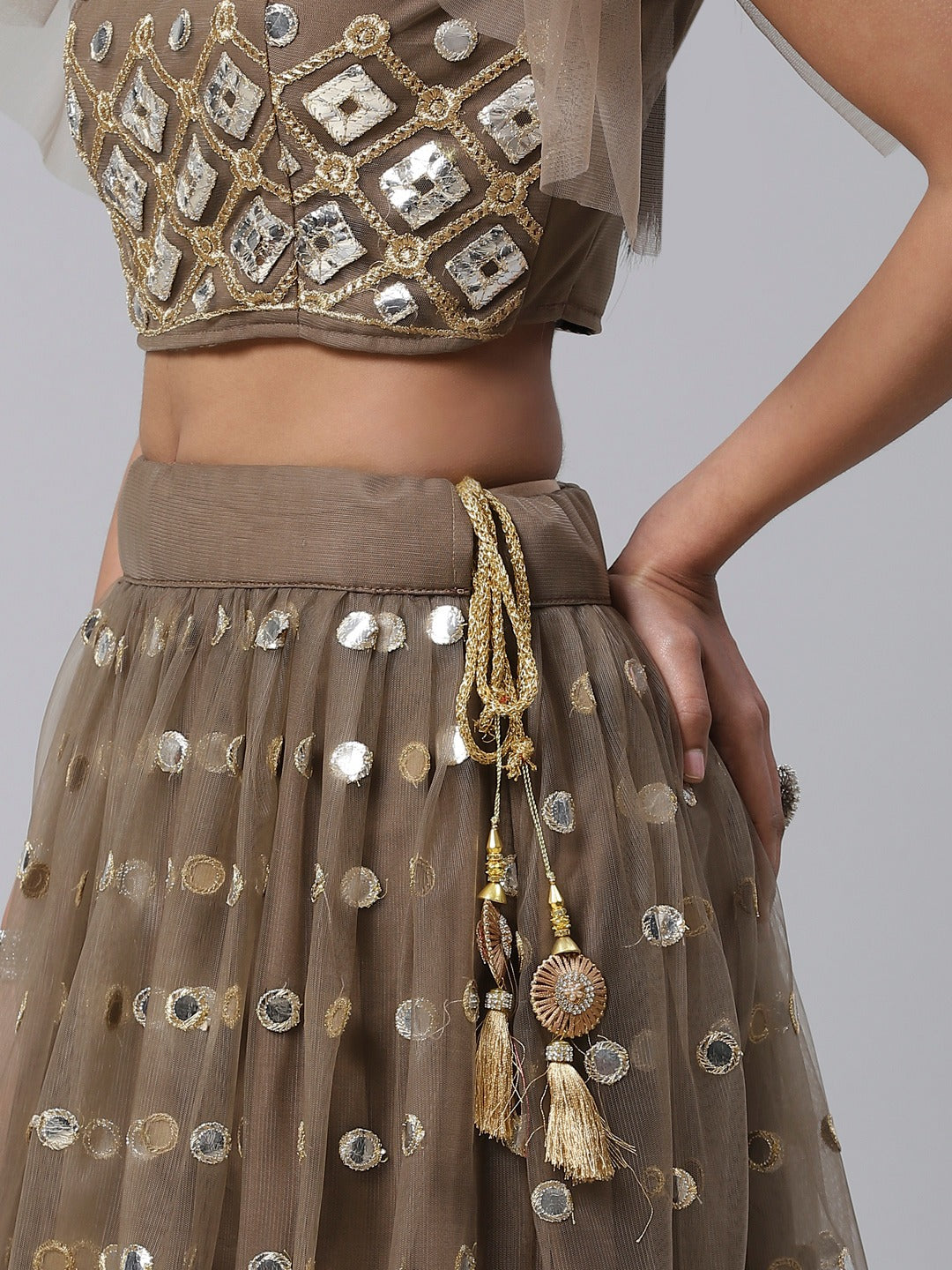 Brown Net Semi-Stitch Lehenga Choli For Reception